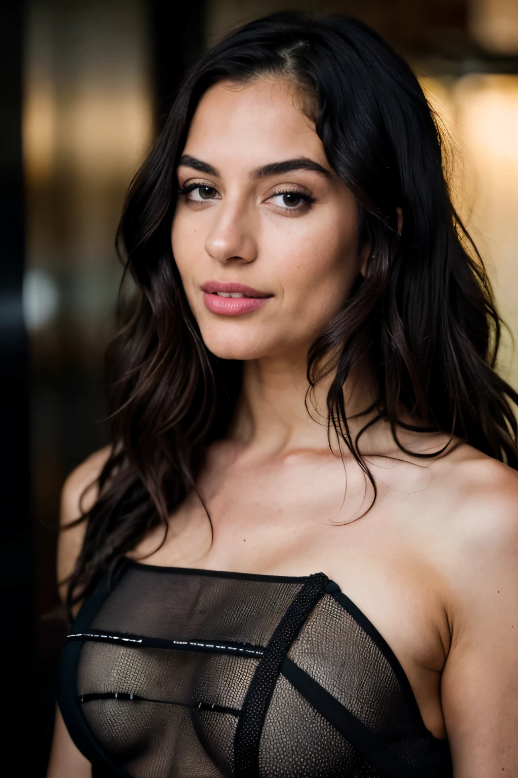 Amidst the serene shower, a 25-year-old brunette woman standing in the party at the restaurant, wears black dress, lips are red, eyelids are black. She possesses natural wavy locks, captivating brown eyes, and wears a low-cut black bodice that flawlessly complements her figure. The photograph, expertly captured with Canon's 85mm lens and 4K resolution, meticulously unveils intricate details, from the lifelike skin texture to highly detailed eyes. Kodak color vision enriches the atmospheric depth, and post-processing refines the image, resulting in an ultra-realistic, photorealistic allure. Taken in medium format with a focus on the atmosphere and subdued lighting, the outcome is a high-quality photographic masterpiece, boasting maximum detail and a film grain effect, offering an immersive 8K UHD experience.