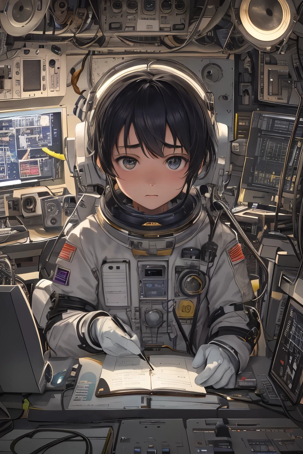 Ultra-detailed and hyper-realistic, the image presents an astronaut ??? intently sitting at his control board, surrounded by an intricate array of blinking lights and complex machinery. The ???'s youthful face is depicted with sharp focus and exceptional detail, his eyes wide and fixed on the various readouts and indicators before him. Sweat beads on his forehead as his brows furrow in concentration, a testament to the tension and importance of the situation.
The control room is bathed in a soft, ambient glow, casting long, dynamic shadows that accentuate the depth and texture of every component and surface. Wires and cables snake their way across the panel, connecting to various
