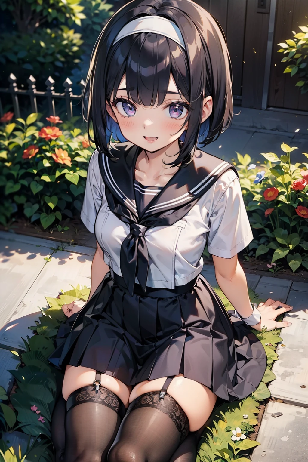 body 8 times longer than head, (Highly detailed CG unity 8k), (highest quality)，(very detailed)，(ultra high resolution), black hair, High school girl wearing a navy sailor suit, Anime 2D rendering, realistic young anime high school girl, ((White headband)), purple eyes, small breasts, tall, slanted eyes, (school scenery), black stockings, bright color, open your mouth, Dark blue skirt, bob cut, position looking down from above, bend your knees, sit, looking at the flowers blooming on the ground, smile, 