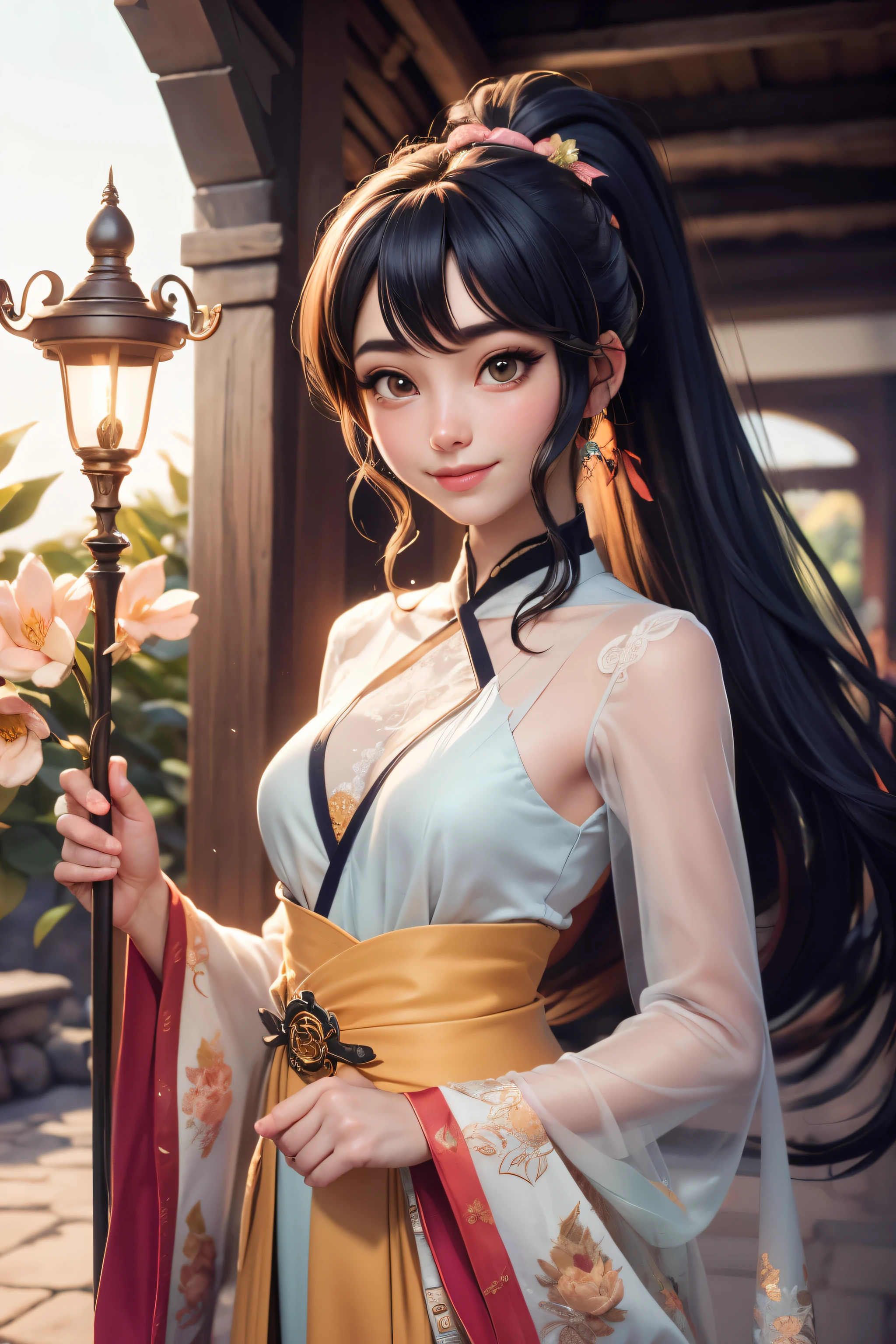 beautiful girl, black hair in a ponytail, smooth, hair accessories, wear glasses, smile brightly, small breasts, Thin waist, ((wear (see through) Hanfu with many layers of intricate details (pastel yellow))), Dresses that sway in the wind, holding a green jade staff, Dancing, charming, The background is an island with only peach trees in bloom., Many peach blossom petals flutter., morning light, anime, High quality