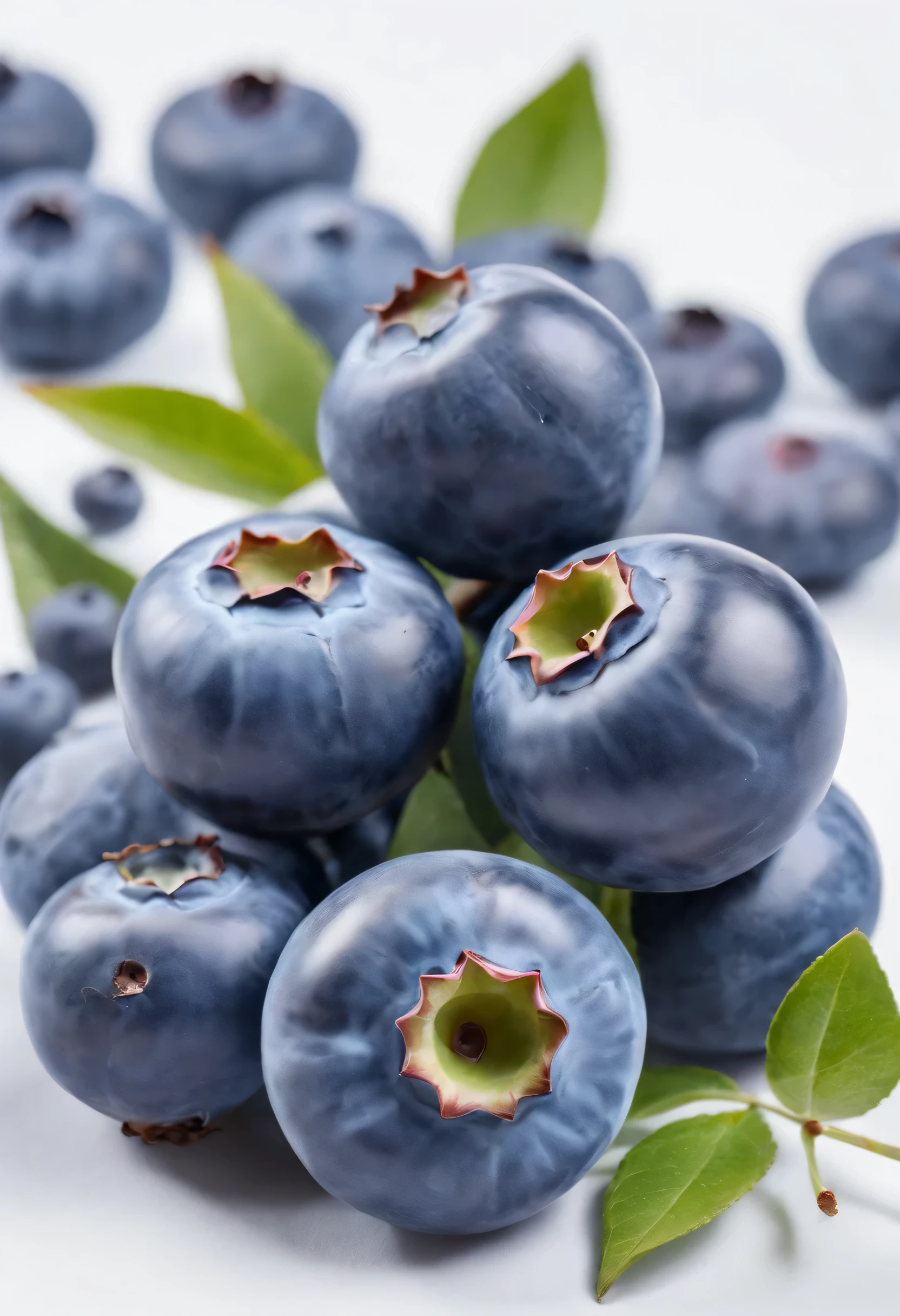 three blueberries，A leaf，art photography. White background