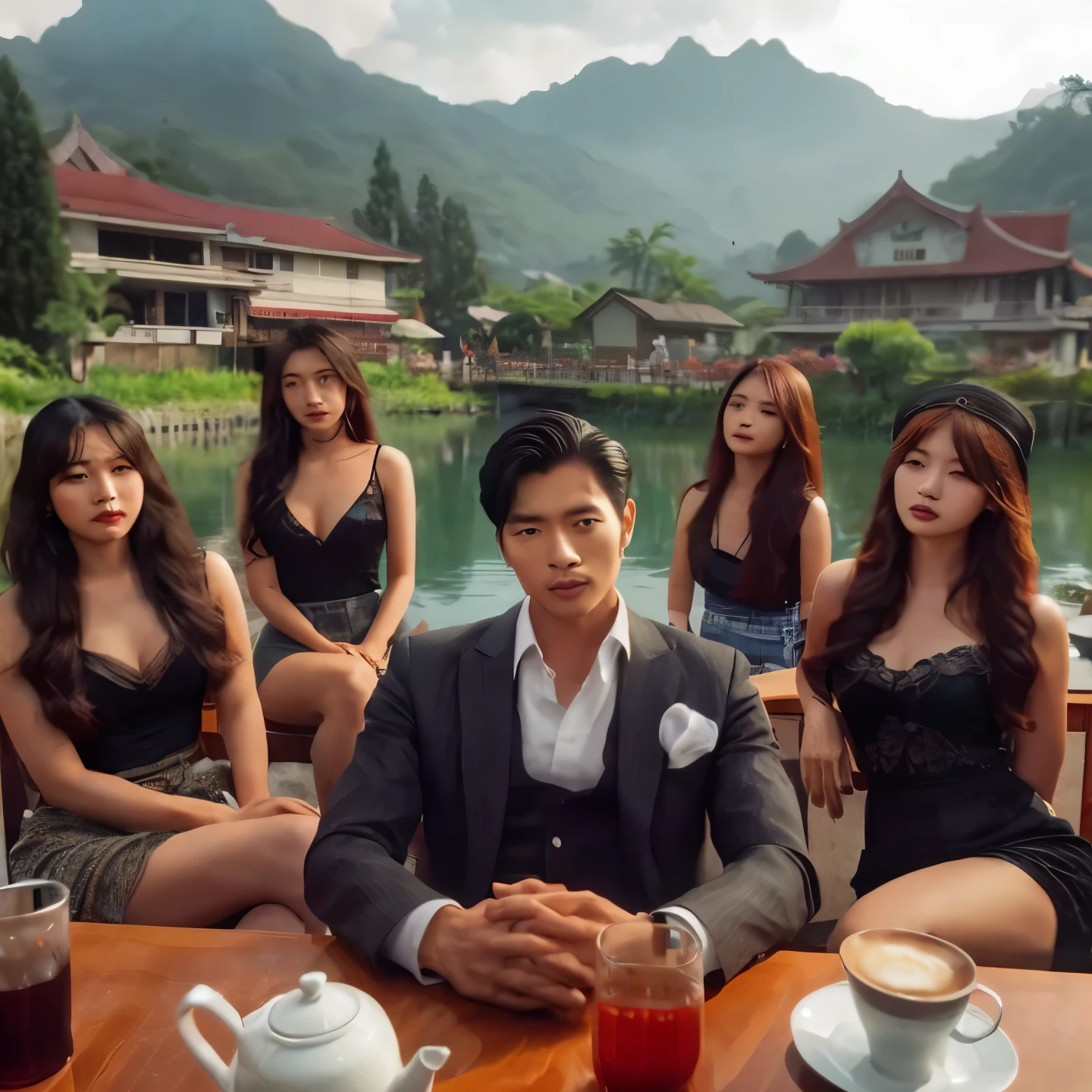 several asian people sitting at a table with drinks and tea, in style of kar wai wong, portrait shot, handsome man, chinnese mafia, instagram model, ramil sunga, duy beni serial, 9gag, in style of lam manh, fanart, interesting composition, official, inspired by Rudy Siswanto, hoang long ly, nostalgic 8k