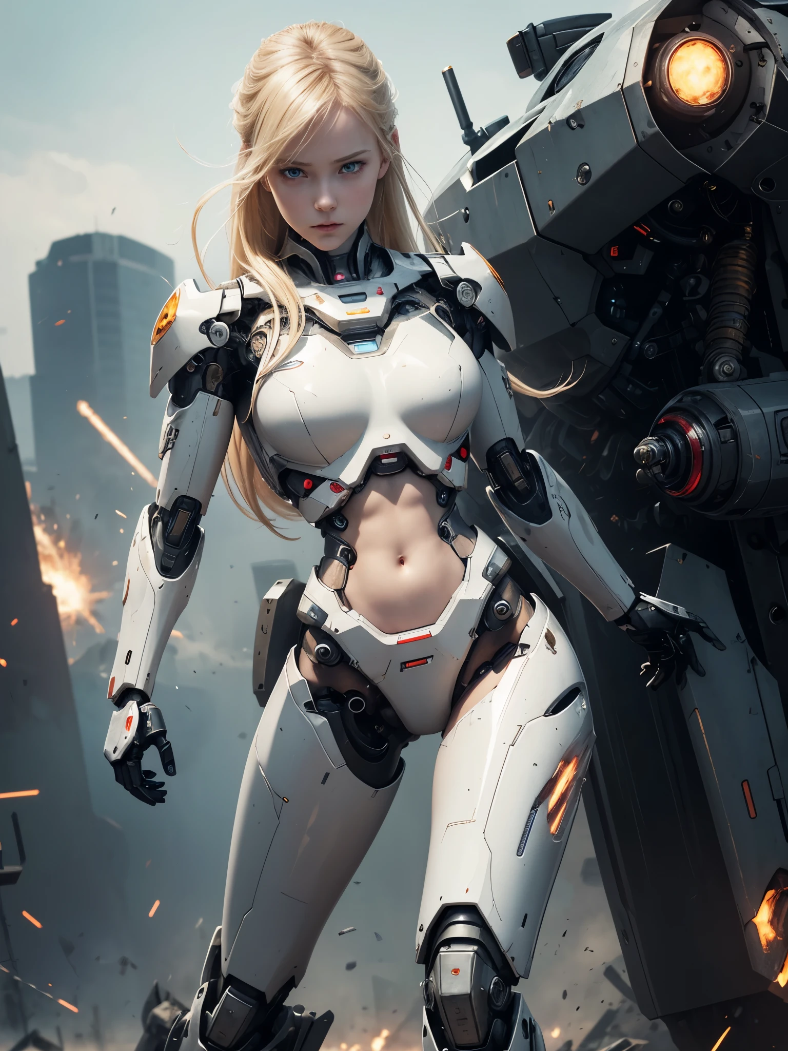 a cyborg girl, realistic, in the middle of battlefield, detail realistic, porcelain skin, very pale skin, very beautiful, blonde hair, some scratch on skin, some dents on mech, many mechanical body organs, expose chest and belly, hands and legs are cyborg full-body, background war zone with explosions and blast, mecha