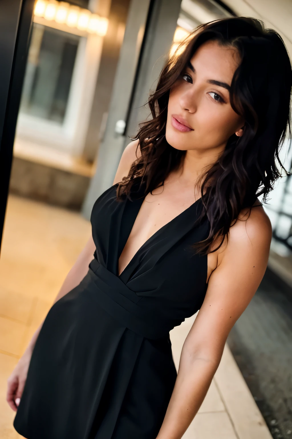 Amidst the serene shower, a 25-year-old brunette woman standing in the party at the restaurant, wears black dress, lips are red, eyelids are black. She possesses natural wavy locks, captivating brown eyes, and wears a low-cut black bodice that flawlessly complements her figure. The photograph, expertly captured with Canon's 85mm lens and 4K resolution, meticulously unveils intricate details, from the lifelike skin texture to highly detailed eyes. Kodak color vision enriches the atmospheric depth, and post-processing refines the image, resulting in an ultra-realistic, photorealistic allure. Taken in medium format with a focus on the atmosphere and subdued lighting, the outcome is a high-quality photographic masterpiece, boasting maximum detail and a film grain effect, offering an immersive 8K UHD experience.