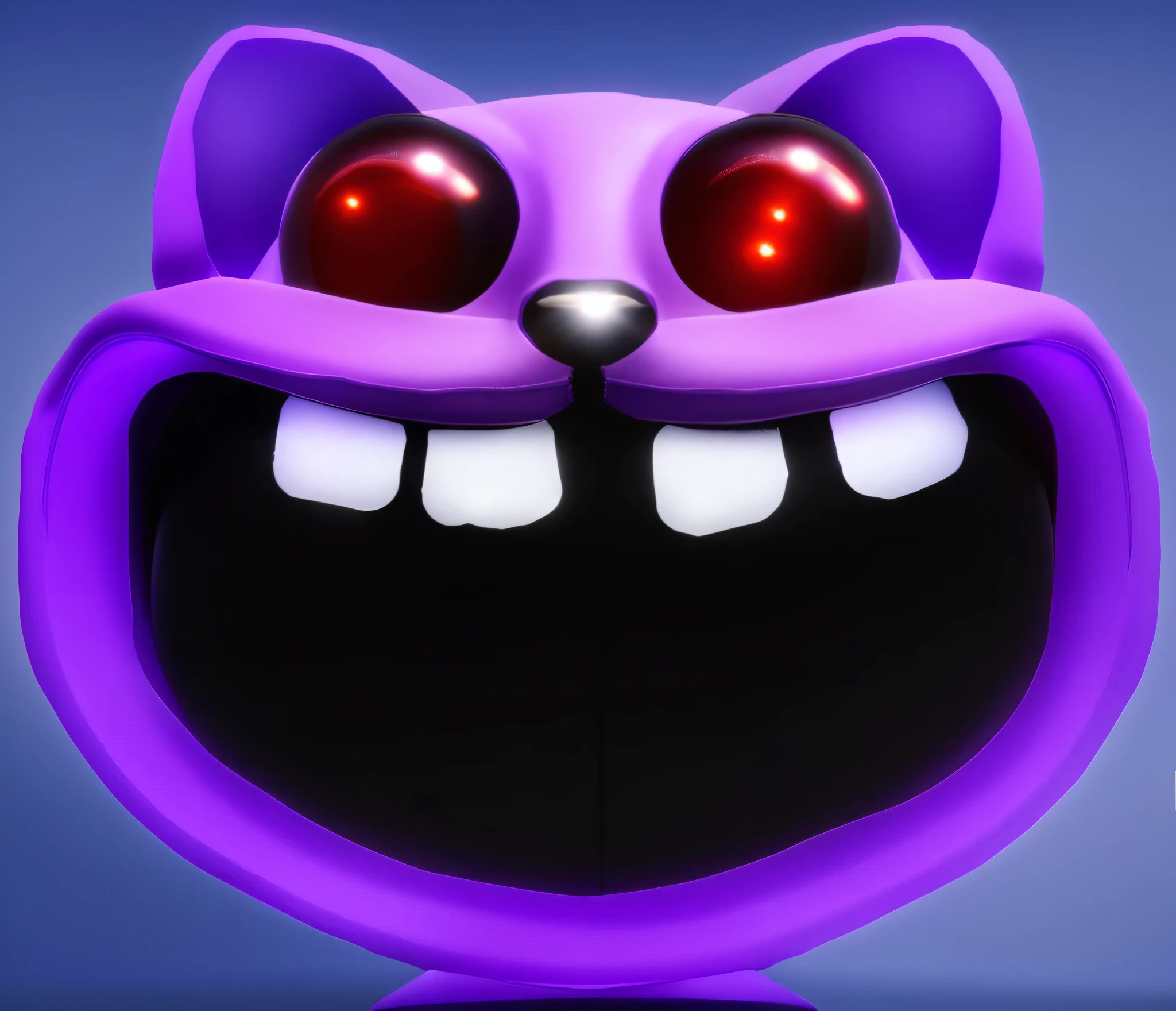 3D rich contrast bright purple round smooth purple glossy cat with big mouth and black shiny eyes white glossy purple cat with big teeth with big mouth and black shiny eyes glossy texture, smooth 3d model, Multiple light sources, rim light, sharp rendering of post-effects, (Glossy metal texture with many large refractions of light probes), perfect CG, Anthropomorphic cat, Digital art, detailed Digital art, specular, Best quality, 4K, masterpiece:1.2, ultra detailed, Realistic, bright colors, dark and moody lighting, highest quality image, ensuring every detail is showcased perfectly. It in 4K resolution, allowing viewers to be immersed in the richness of colors and intricate details. The Realistic rendering. in the spotlight, specular, High-resolution image, Realistic rendering, dark background, and rim light