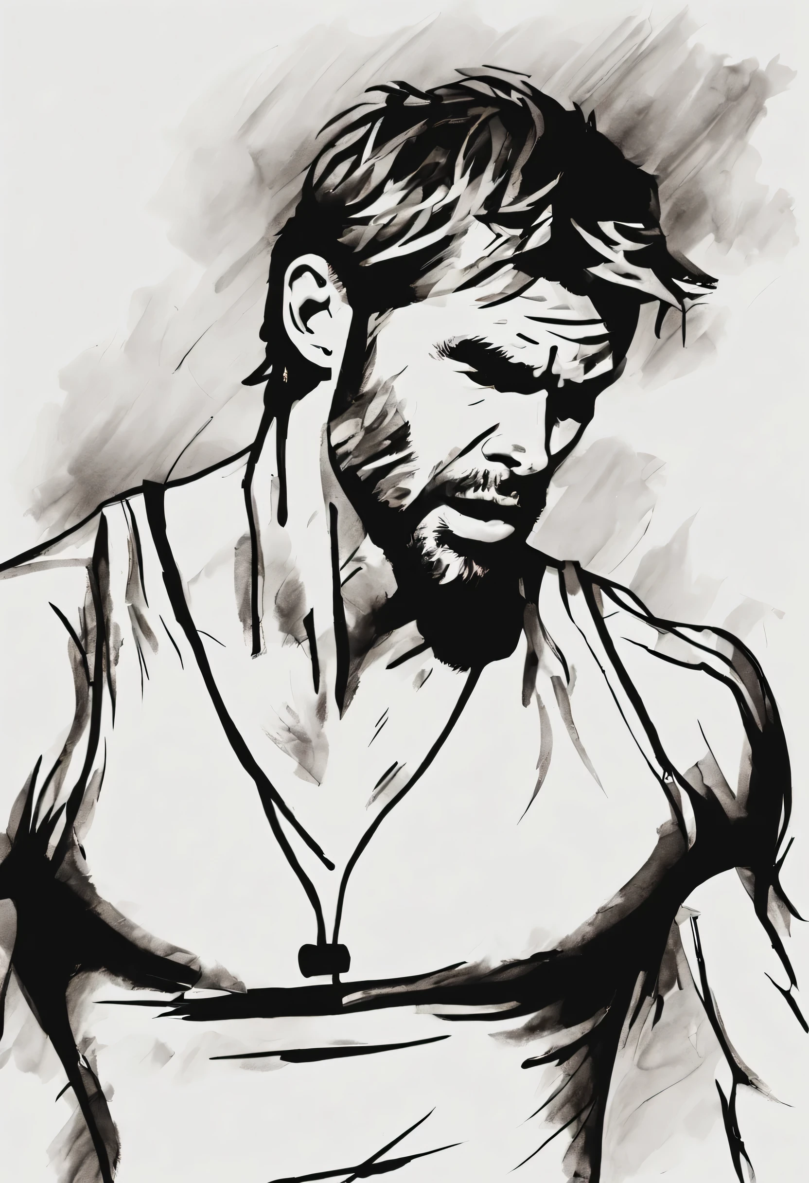 An ink style picture of a distance runner (natalie portman) pain, anguish and sweat, tortured face and body from running, Outlined in black ink, the figure is depicted with smooth lines, expressing emotions and posture through the contrast of ink density. The background is minimalist, emphasizing light, shadow, and spatial perception.