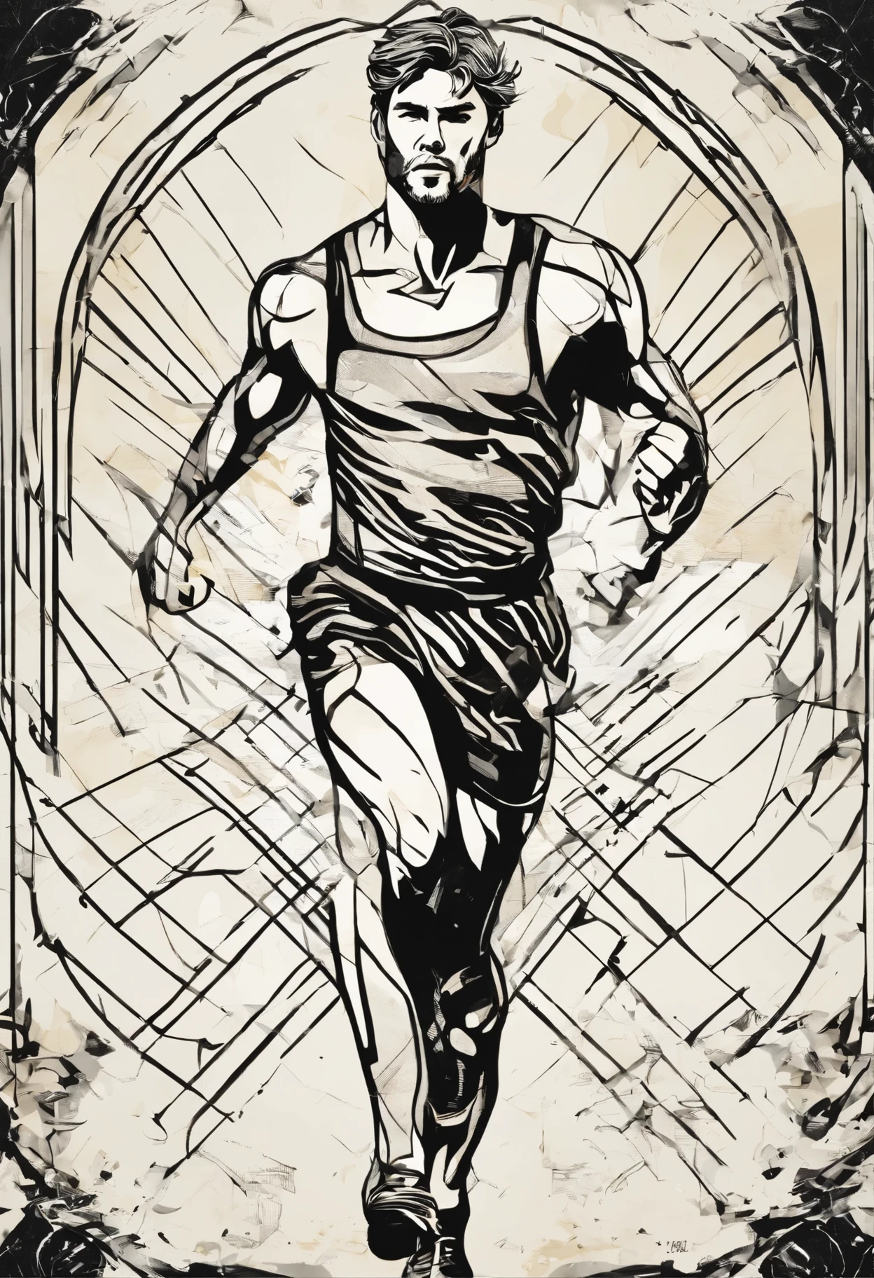 An ink style picture of a distance runner (natalie portman) pain, anguish and sweat, tortured face and body from running, Outlined in black ink, the figure is depicted with smooth lines, expressing emotions and posture through the contrast of ink density. The background is minimalist, emphasizing light, shadow, and spatial perception.