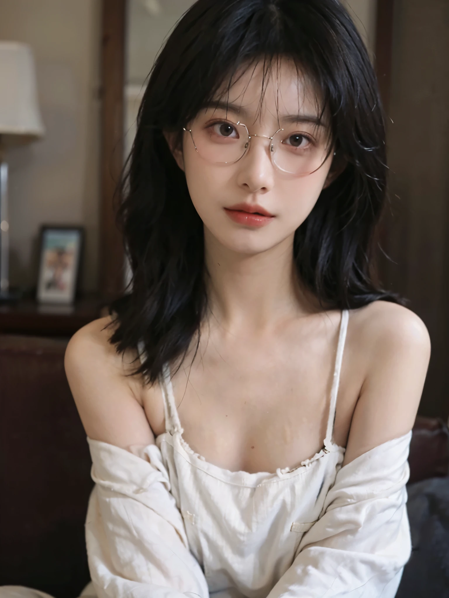 Film portrait photography, 1 girl, bare shoulders,lipstick,(flat chest:1.4), Shoulder length wavy hair, Wear high-end glasses,White sweatshirt,serene, calm, (Realistic and detailed eyes, natural skin texture, Realistic facial details), Soft dramatic lighting, depth of field, Bokeh, Vibrant details, detailed meticulous, hyper-realistic, 35mm film, hazy, ,