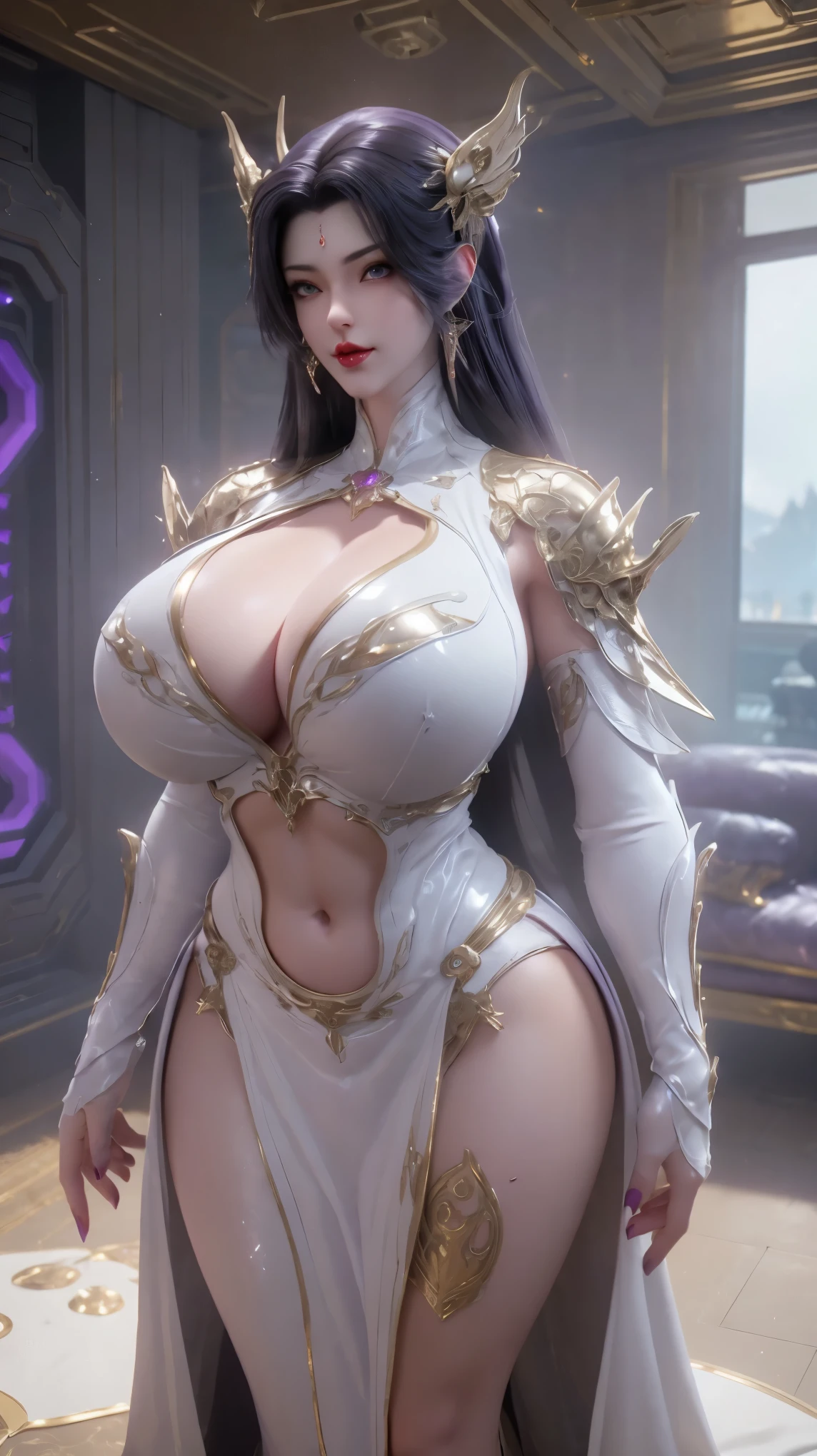 A BUSTY MILF, CLOSE UP UPPER BODY,SOLO,(BEAUTY BLACK HAIR, GOLD DRAGON HORN), (MASSIVE FAKE BOOBIES,CLEAVAGE TOP,MUSCULAR ABS:1.5), ((WEARING OUTFIT LED PURPLE, WHITE SNINY) CYBERPUNK GIRL BIKINI ARMOR:1.5)),(CURVY VOLUPTUOUS BODY SHAPE:1.5), (SWEATY GLOSSY BODYSKIN:1.5), (LOOKING AT VIEWER:1.6), (BACKGROUND FUTURISTIC SPACE STATION:1), (PHOTOREALSITIC:1.4), (ULTRA-DETAILLIERT), (TOP-QUALITY), (BEST SHADOWS), BRIGHT LIGHT IN ROOM, HYPER TEXTURE, (4X MSAA), ((UNREAL ENGINE 5 RENDER)), PHYSICALLY-BASED RENDERING, ULTRA HIGHT DEFINITION, 16K, 1080P.