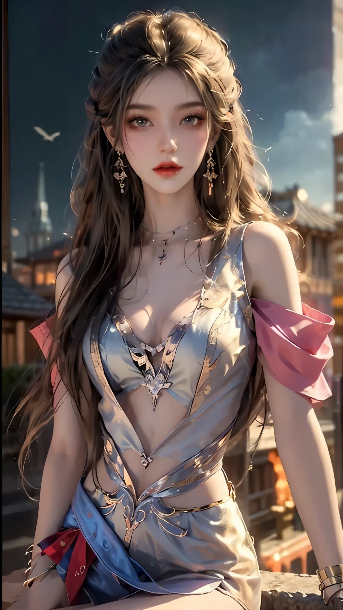 ((knee shot)), ((midjourney portrait)), ((Stand up, against the ledge)), ((Clear features, clear faces, clear faces)), red lips, makeup, close-up shot, elegant posture, enticing pose, perfect curves, slim, sexy, big breasts, cleavage, beautiful legs, mesmerizing gaze, biting lips, messy long hair, simple casual scene, extremely detailed, ultra-clear, best quality, official art, exquisite earrings, delicate necklace, extremely detailed description, super fine painting, exquisite features, Elegant, beautiful, hyperfine details, master works, authentic texture, cinematic lighting realism, Masterpiece, best quality