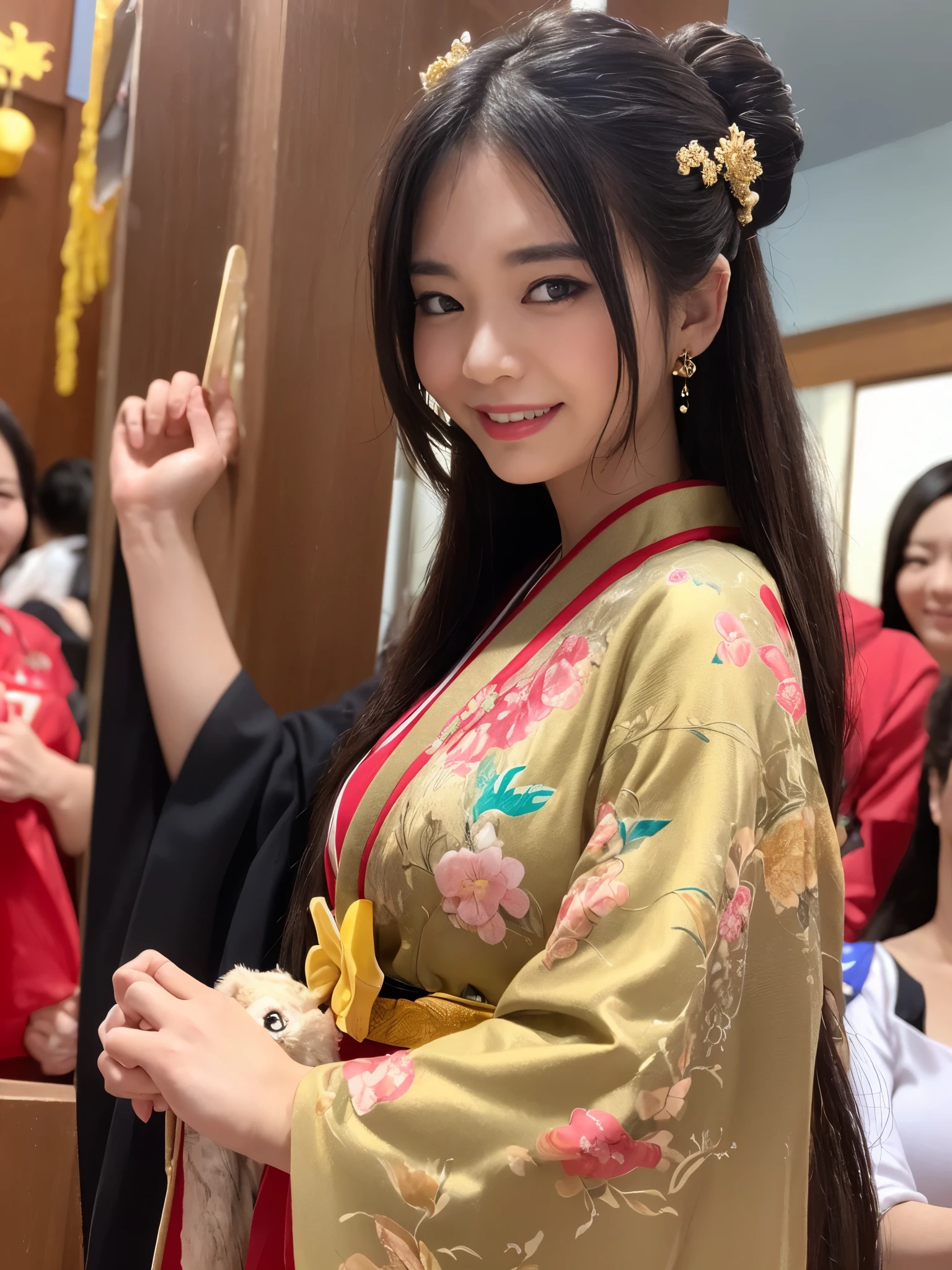 （backwards:1.5)、(High level image quality、high quality、High resolution、detailed、masterpiece）、(There are mature and beautiful women.)、33 years old、smile at the camera、（Pure Japanese hair with a beautiful hairpin）、（light brown hair）、(being thin:1.2)、(small:1.2)、(Bra and thong with large kimono-style decorations:1.2)、she is wearing a collar, bangle, Kimono style garter belt.、（Holding a golden dragon in both hands）、The pose is so cute and nice、(in the crowd、First shrine visit:1.2)