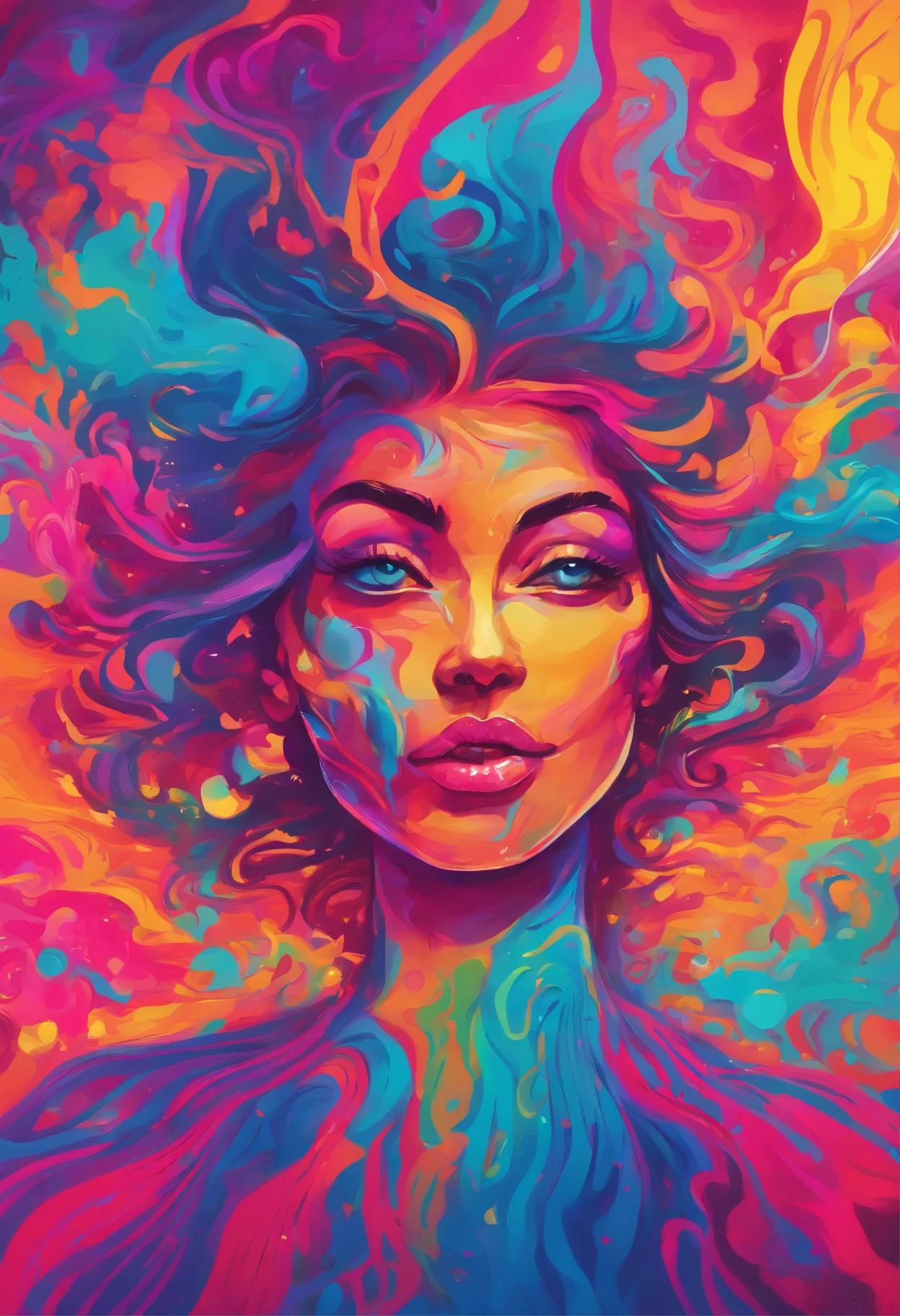 bold neon colors, cartoon style illustration of a woman as she sees the world while experiencing hallucinations, stoned, splash art, splashed neon colors, (iridiscent glowy smoke) ((motion effects)), best quality, wallpaper art, UHD, centered image, MSchiffer art, ((flat colors)), (cel-shading style) very bold neon colors, ((high saturation)) ink lines, psychedelic environment