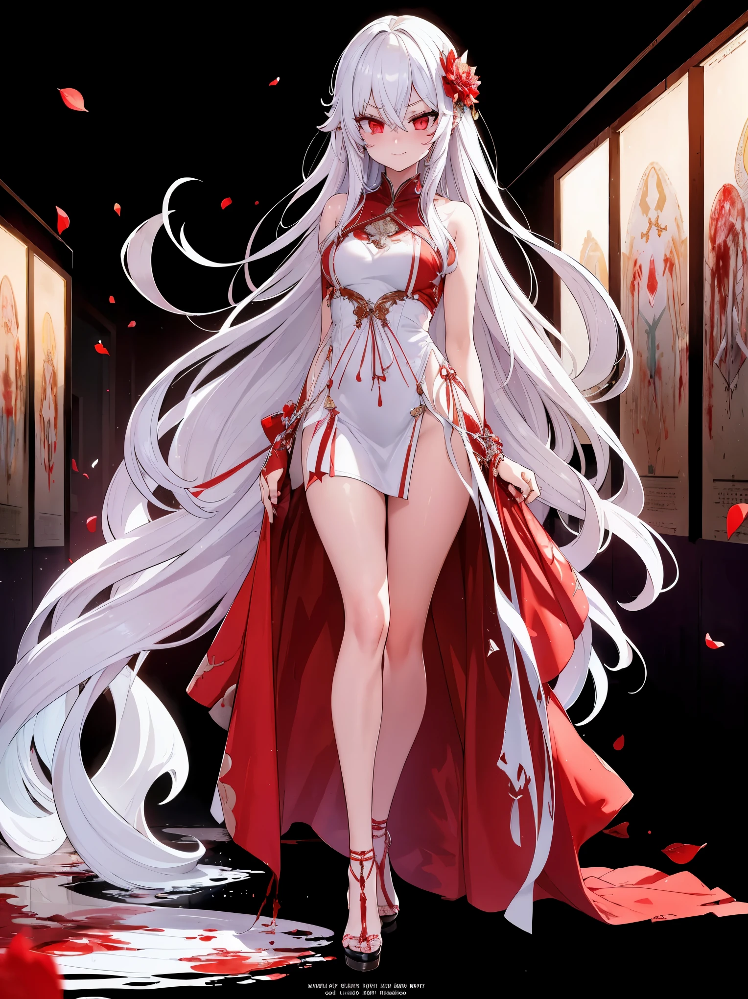 ((solo)),best quality,Amazing,1girl,extremely detailed CG unity 8k wallpaper, masterpiece,(loli),(white hair),(((red streaked hair))), red eyes, (((full body))),(red hair), (angry face),(beautiful detailed eyes), ((Blood drop)),((Blood fog)),light shafts, soft focus, character focus,disheveled hair,long bangs, hairs between eyes, looking at viewer,lowing hair,((Splashing blood))),Long hair,((Bloodstain)),Fighting stance,{{{{{watercolor_(medium)}}}},(((masterpiece))),((white clock)),((ultra-detailed)),((Covered in blood)),flowing hair,Exquisite Flame, {{{{{{extremely beautiful detailed anime face}}}}}},dynamic angle, floating, (shine), extremely delicate and beautiful girls, bright skin, (best illustration), (best shadow), finely detail, Depth of field (bloom), (painting),{ very delicate light, perfect and delicate limbs},beautiful detailed dress,Flying red petals,Holy lighting