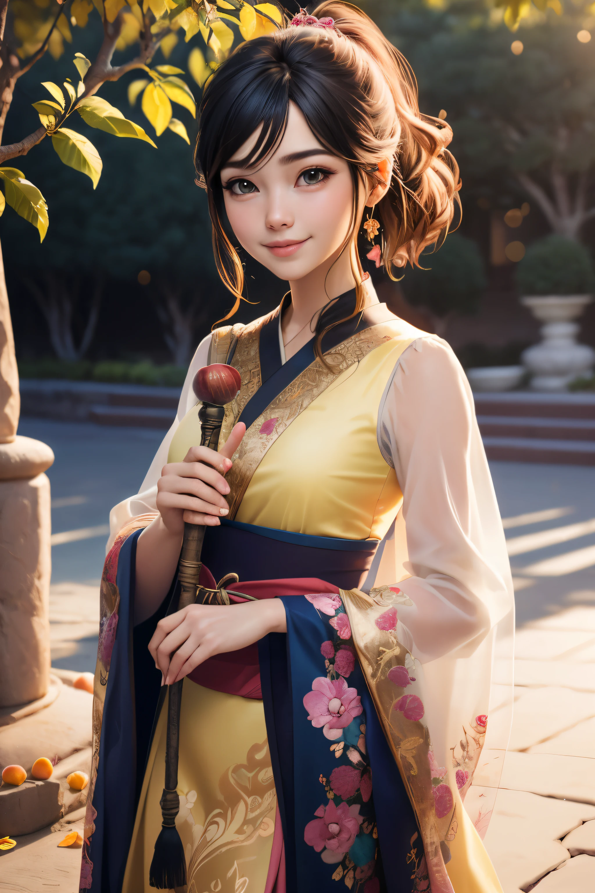beautiful girl, black hair in a ponytail, smooth, hair accessories, wear glasses, smile brightly, small breasts, Thin waist, ((wear (see through) Hanfu with many layers of intricate details (pastel yellow))), Dresses that sway in the wind, holding a green jade staff, Dancing, charming, The background is an island with only peach trees in bloom., Many peach blossom petals flutter., morning light, anime, High quality
