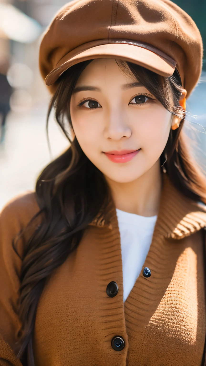 UHD, Extreme close-up of cute Korean female,Chest size 32 inches, wearing cap, wearing brown sweater, walking in the town, sun light, blurred background