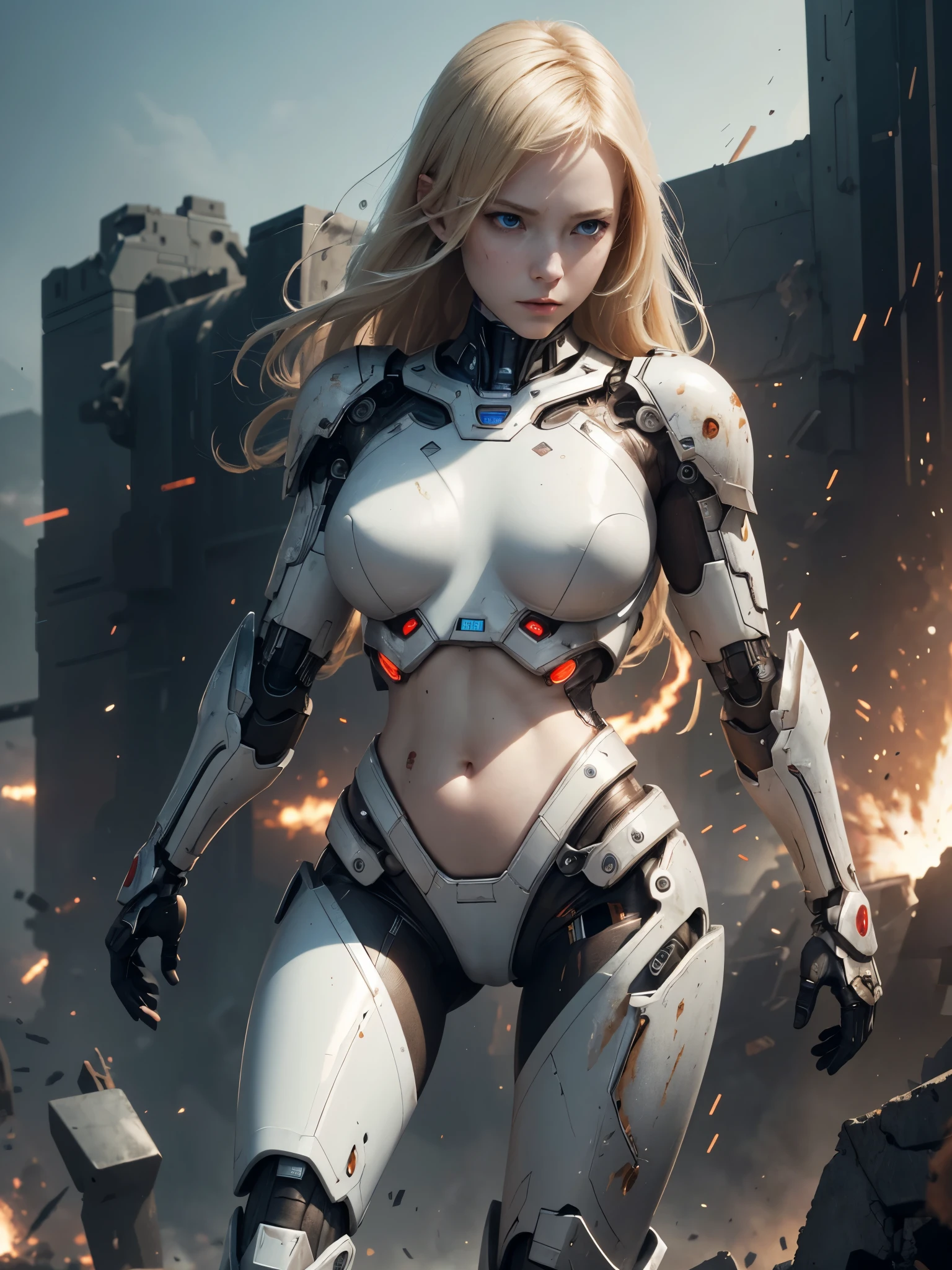 young girl type cyborg, ((full body)), ((nude)), blond hair, blue eyes, beautiful chest, ((her head, hands and legs are heavily armored)), standing with her legs spread apart, from below