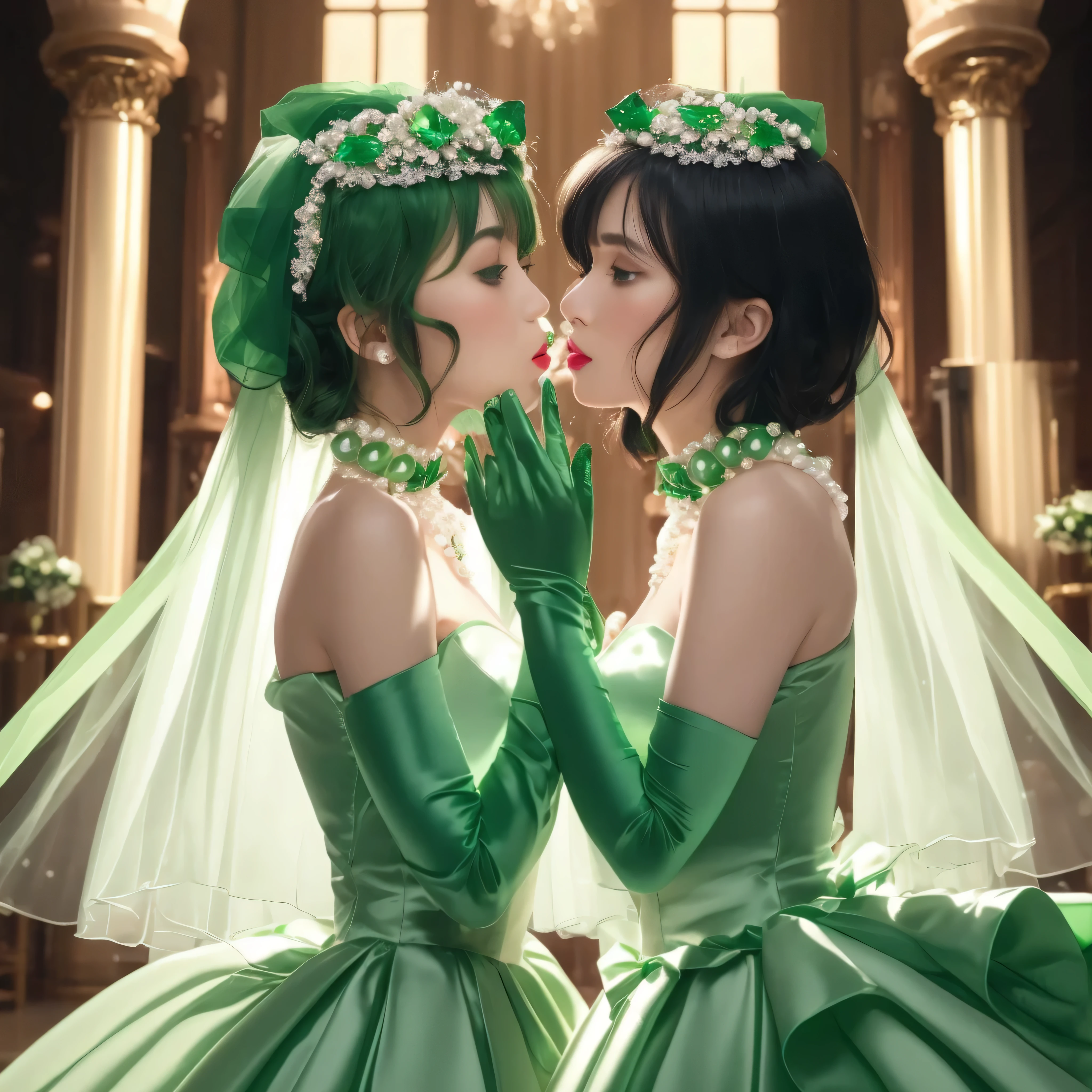 Green Satin Long Gloves, green one piece, Green shorthair, lipstick, kiss, bride, green pearl necklace, 緑のbride,Green Satin Long Gloves, Green Bridal Veil, Green shorthair, lipstick, kiss, bride, green pearl necklace, 緑のbride, lesbian, green eyes, emerald tiara, emerald earrings