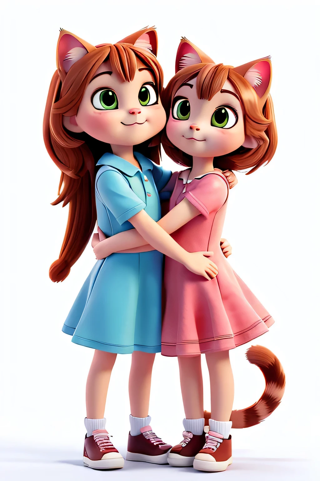 Cat and kitten, spoony, the cat wears shorts, cat in dress, in an embrace, Look at each other, on a white background, Cartoon 3D, 64k quality