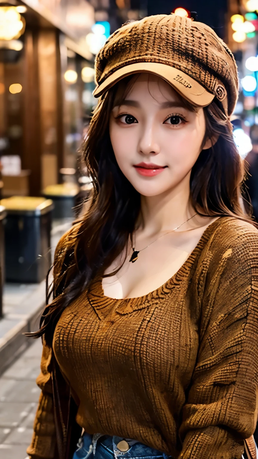 UHD, Extreme close-up of cute Korean female,Chest size 32 inches, wearing cap, wearing brown sweater, walking in the town, night, blurred background