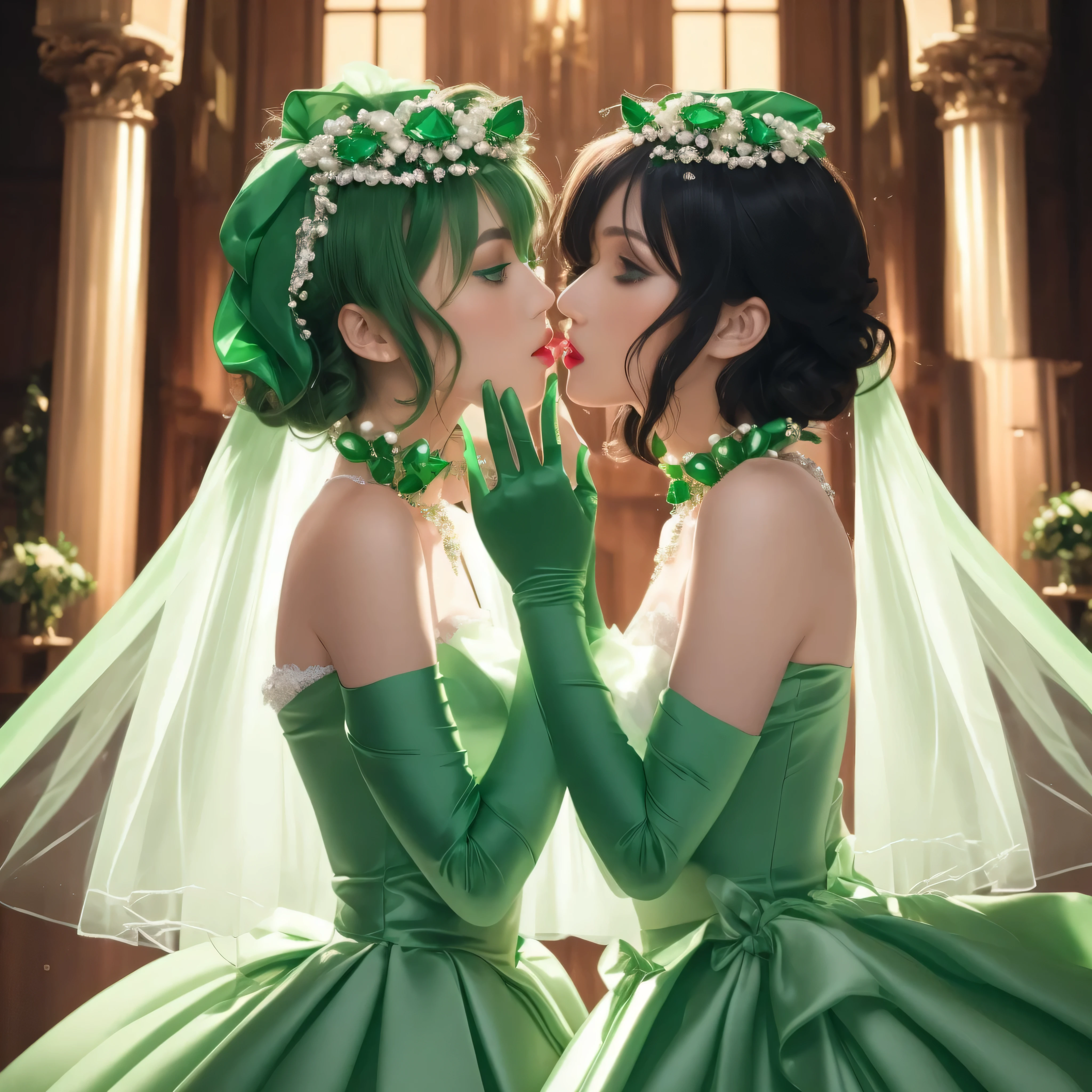 Green Satin Long Gloves, green one piece, Green shorthair, lipstick, kiss, bride, green pearl necklace, 緑のbride,Green Satin Long Gloves, Green Bridal Veil, Green shorthair, lipstick, kiss, bride, green pearl necklace, 緑のbride, lesbian, green eyes, emerald tiara, emerald earrings