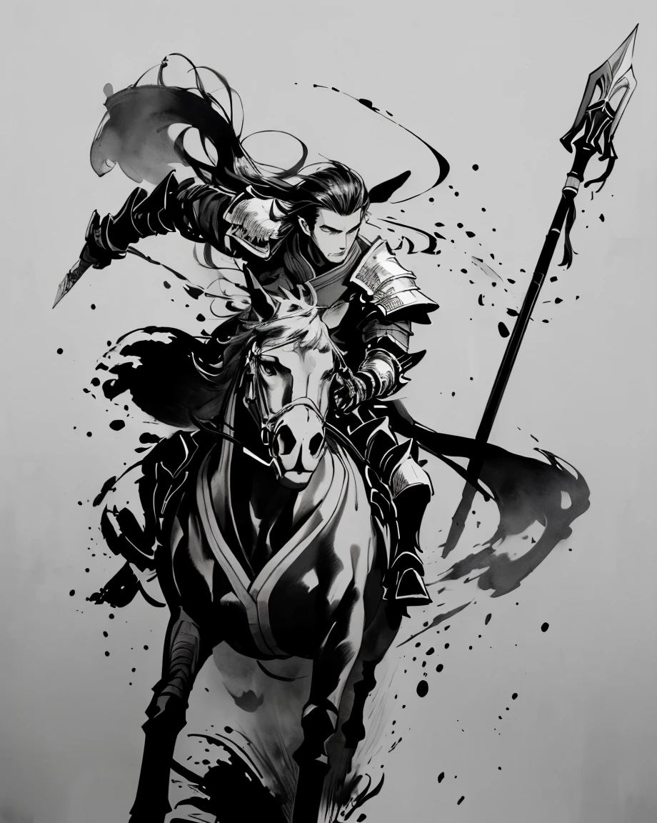 masterpiece, zydink, monochrome, ink sketch, (tilt:1.4), 1man, (riding horse, running fast:1.2), asian man, polearm, waving armor, armor, chinese clothes, fighting stance, looking at viewer, long hair,  long sleeves, (abstract ink splash:1.4), black and white, chinese clothes,hanfu,
