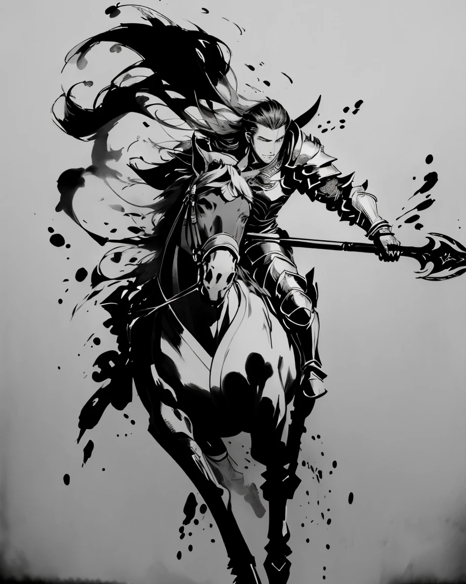 masterpiece, zydink, monochrome, ink sketch, (tilt:1.4), 1man, (riding horse, running fast:1.2), asian man, polearm, waving armor, armor, chinese clothes, fighting stance, looking at viewer, long hair,  long sleeves, (abstract ink splash:1.4), black and white, chinese clothes,hanfu,

