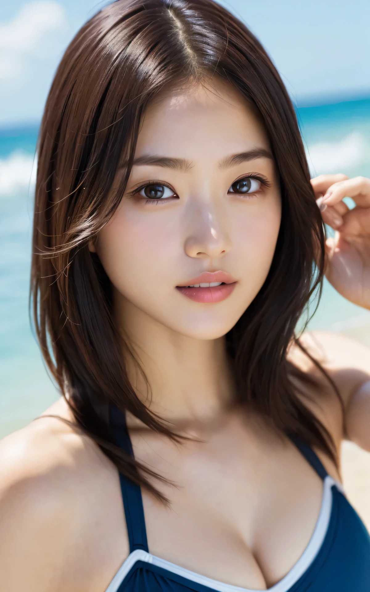 absurderes:2.0、Front Light、detailed background:1.5、Top Quality、intricate detailed、Hyperrealistic、highly detailed、1girl、full body、(turning to the viewer、symmetrical eyes、spotless skin、oily skin)、 perfect hand、finerly detailed face、(medium breasts、glossy lips、brown eyes)、(old school swimsuit)、sexy posing、Blushing、light makeup:1.3、beach