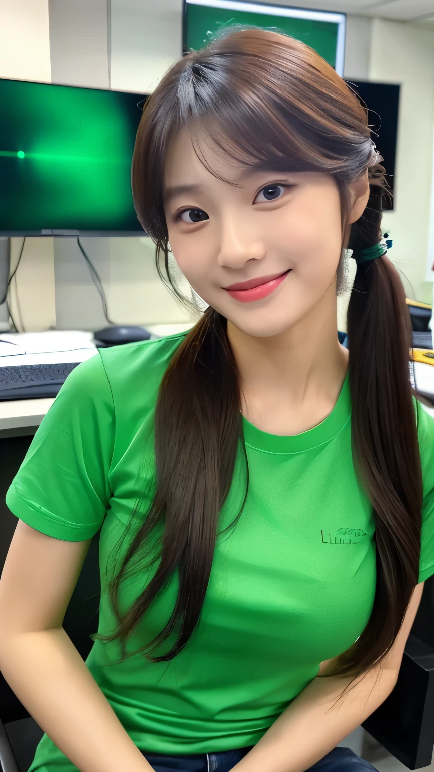 UHD, Extreme close-up of cute Korean female,Chest size 32 inches, ponytail hair, slightly smile, wearing green rolled sleeves t-shirt, sittting in computer room, blurred background