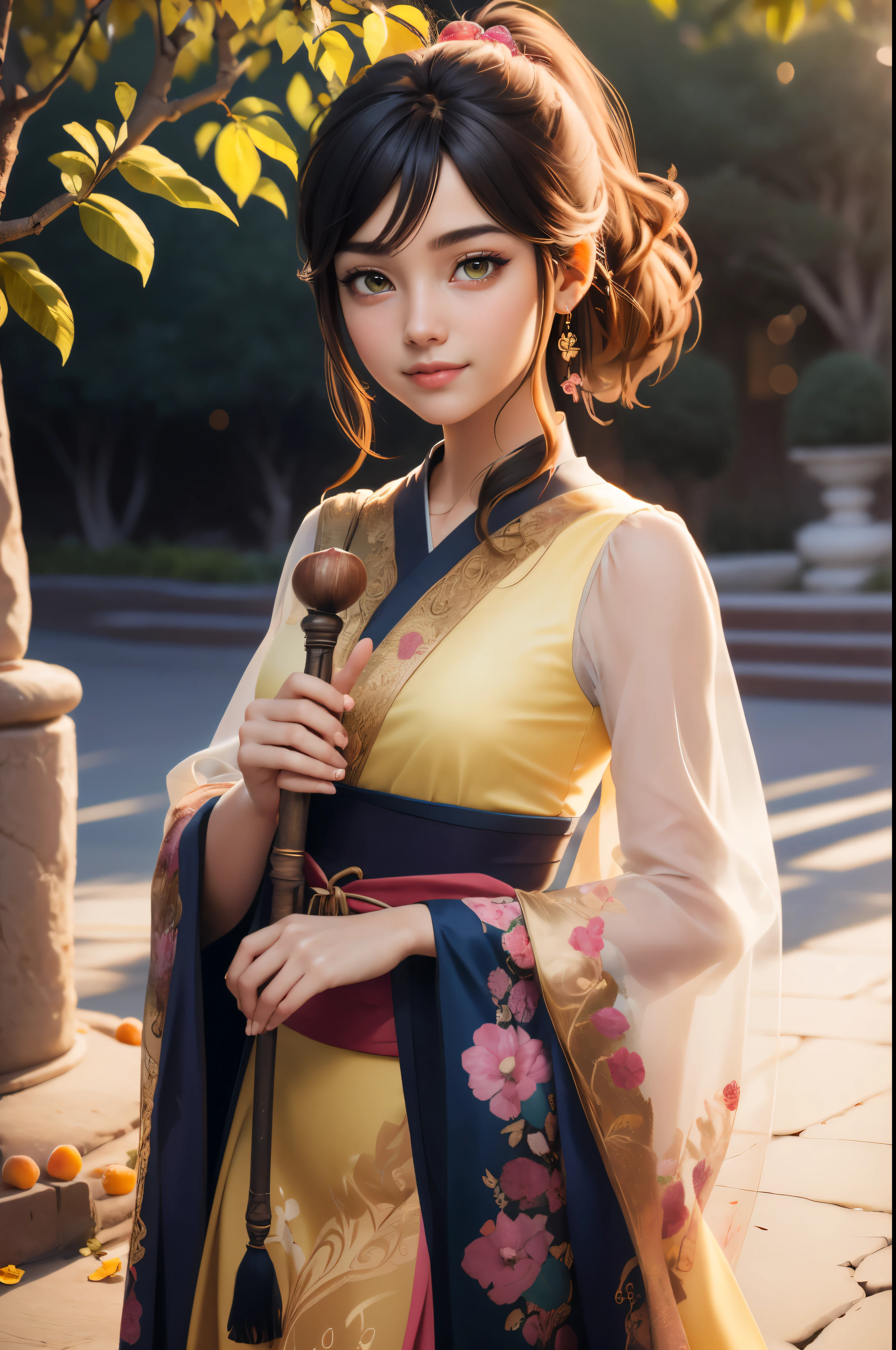 beautiful girl, black hair in a ponytail, smooth, hair accessories, wear glasses, smile brightly, small breasts, Thin waist, ((wear (see through) Hanfu with many layers of intricate details (pastel yellow))), Dresses that sway in the wind, holding a green jade staff, Dancing, charming, The background is an island with only peach trees in bloom., Many peach blossom petals flutter., morning light, anime, High quality