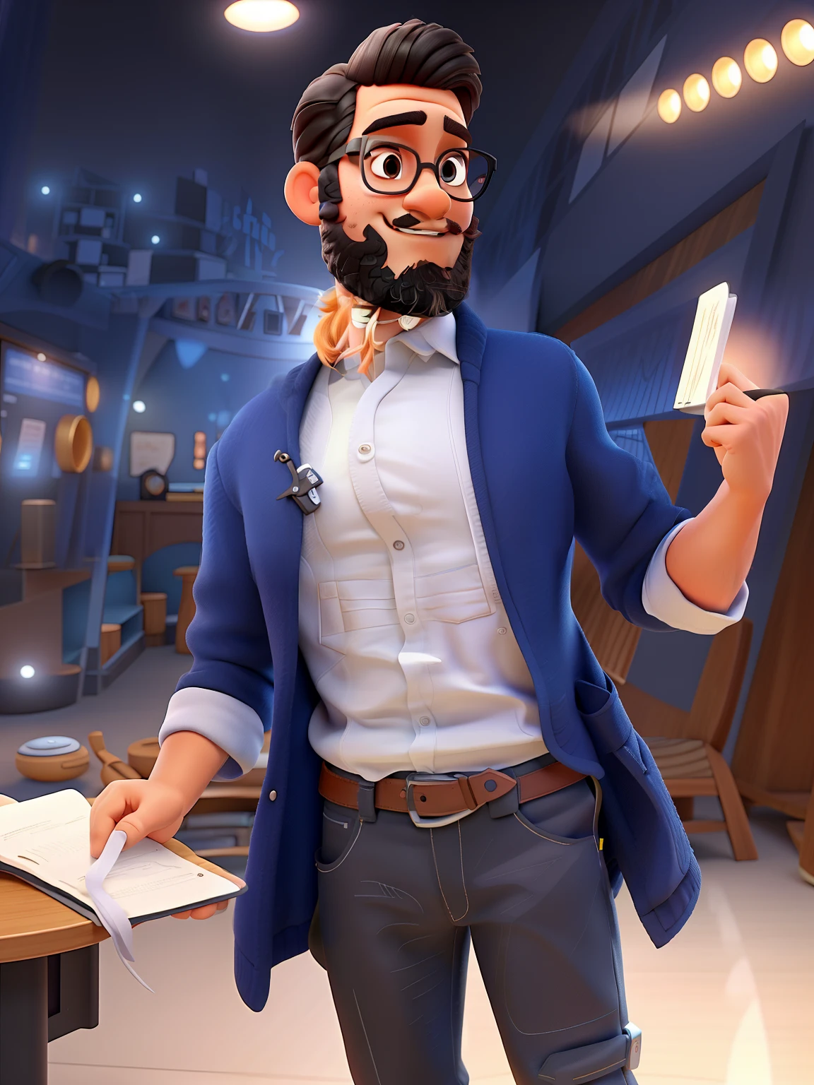 Pode melhorar barba mais rala com uns fios brancos, Make Full Body That Appear White Redley Shoes. Man stands black background on a speaker-type stage with microphone in one hand and book in the other in Disney pixar style best quality, maior qualidade.