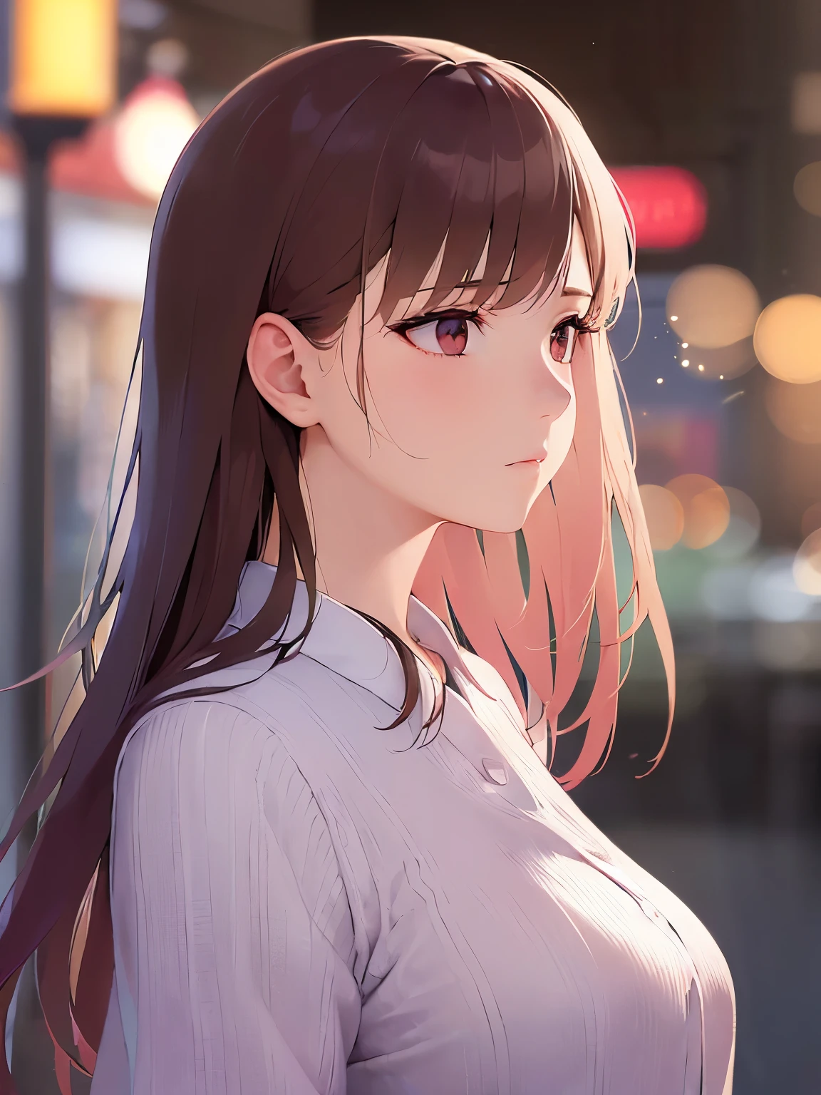 (looking away:1.5), side angle, Upper Body, Realistic, real person, RAW photo, photorealistic, portrait photography, shiny skin, japanese idol、A 25-year-old woman with bright chestnut bangs.、long hair, pink eyes,(White long Sleeve blouse), displeased look, blush, The background is a restaurant、Alone、