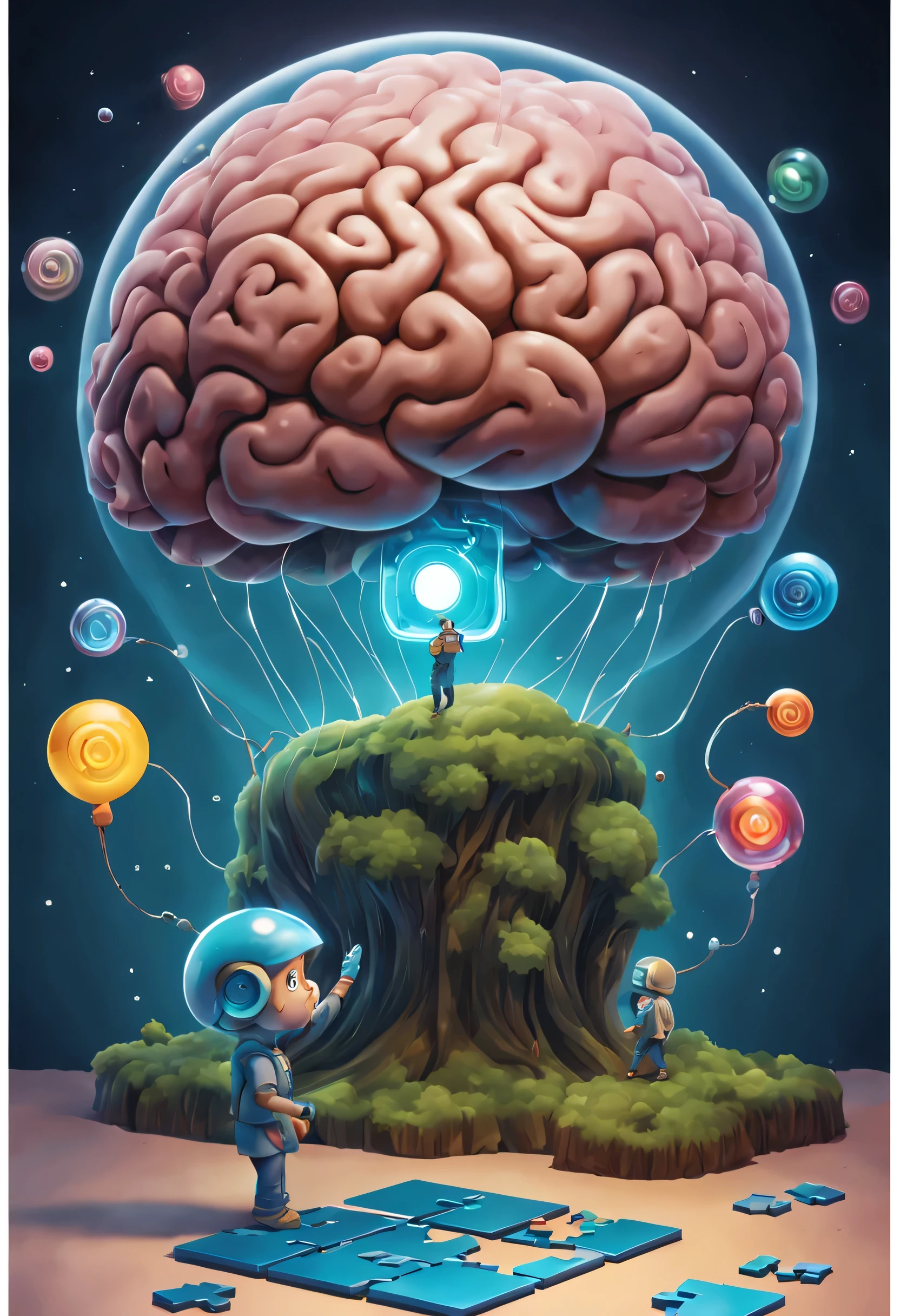 The brain should have a playful and approachable demeanor, reflecting a -friendly atmosphere,Some children could be holding buzzers, others with quiz cards, and a few in thought poses,Ensure a dynamic and interconnected arrangement of quiz bubbles and puzzle pieces, creating a sense of movement,As children play, show elements transforming into tech-inspired symbols like circuit boards, gears, or digital lines,As the logo evolves towards the futuristic theme, gradually transition to a more tech-oriented color palette, incorporating blues, greens, and metallic shades,Experiment with a mix of rounded and sharp edges to reflect both childlike innocence and technological advancement,Ensure that the transition from the playful to the futuristic elements feels seamless and natural,Consider integrating a subtle glow or shine effect on evolving elements to signify progression,Request variations of the logo for different backgrounds and use cases, ensuring visibility and clarity in various 