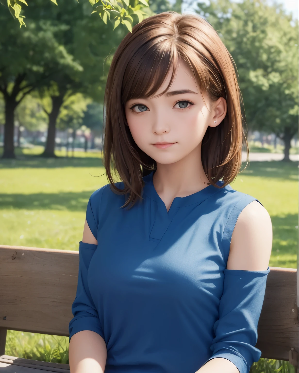 best quality, photorealistic, 8k, high res, full color, 1girl, woman, 20 years old woman, (closed mouth:1.73), (skindentation), (portrait:0.6), trees, park bench, daylight, ((park background:1.52)), full color, ((sleevelessblueshirt:1.58)), looking at viewer:1.8, (1girl eyes looking at viewer:1.55), (medium hair, brownhair, partedhair:1.45), (bokeh),