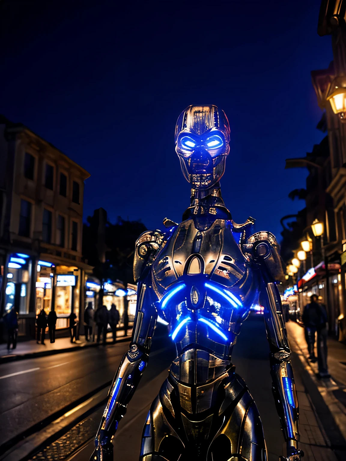 realistic, (T-X endo), (T-X Endoskeleton), (detailed T-X endoskeleton), (ultrarealistic T-X endo:1.2), front pov, t-x endo, a robot girl in a city street, night time, realistic lighting, hard lighting, terminator 3, (deep focus), (best quality), (highres), (ultra HD), (8K:1.2)