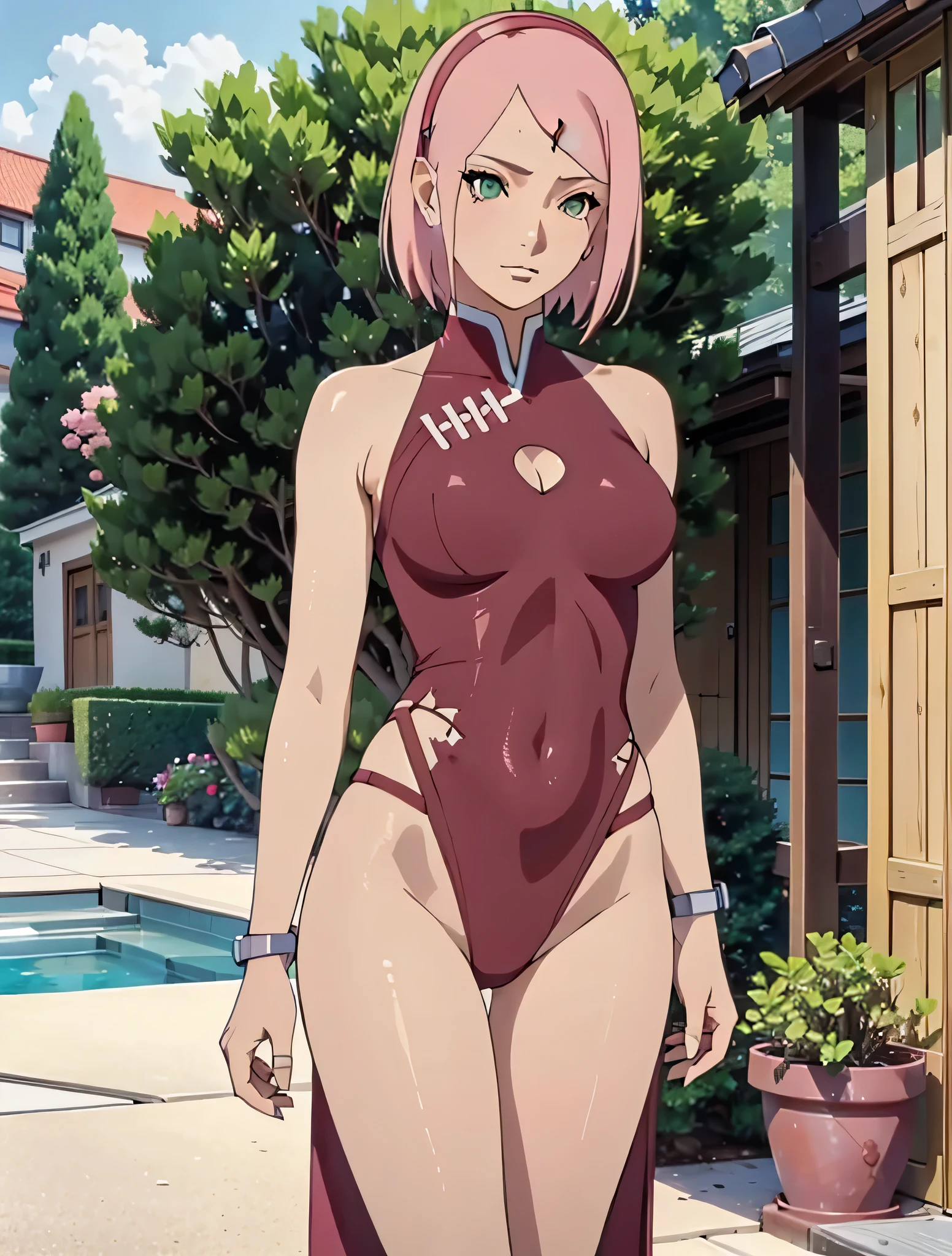 1 girl,sexy body,perfect body,sehr enge kleidung,zeigt viel haut,sexy kleidung,bikini outfit,Breasts peep out,stehend im garten,nahaufnahme,arms behind back,sakura haruno,rotes Harrband,Only the upper body,Half body