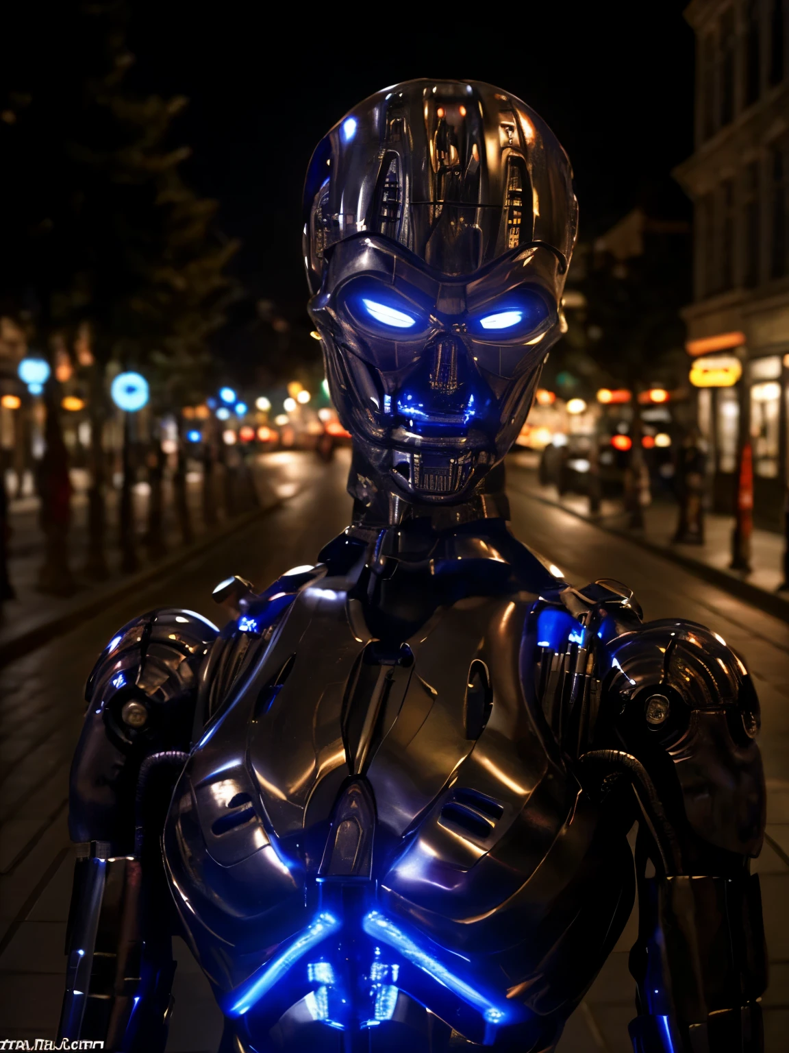 realistic, (T-X endo), (T-X Endoskeleton), (detailed T-X endoskeleton), (ultrarealistic T-X endo:1.2), front pov, t-x endo, a robot girl in a city street, night time, realistic lighting, hard lighting, terminator 3, (deep focus), (best quality), (highres), (ultra HD), (8K:1.2)