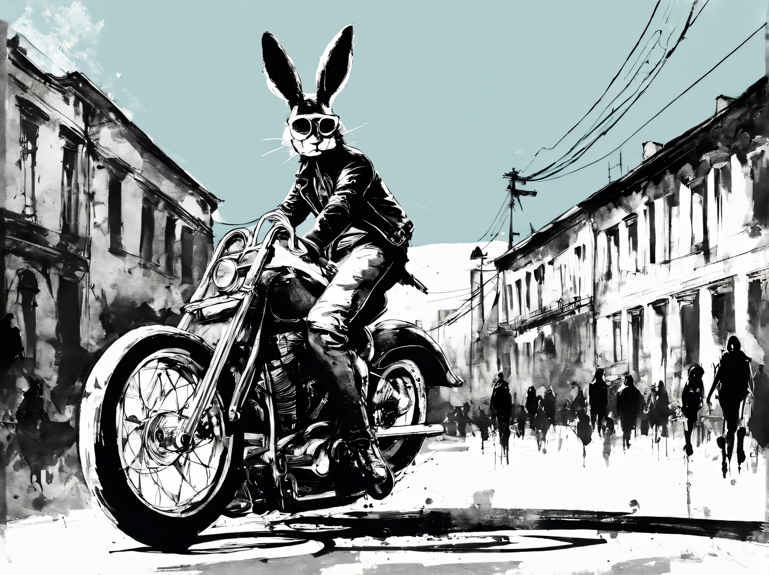 Ink style drawing, biker bunny, Street style, Contemporary art, minimalism