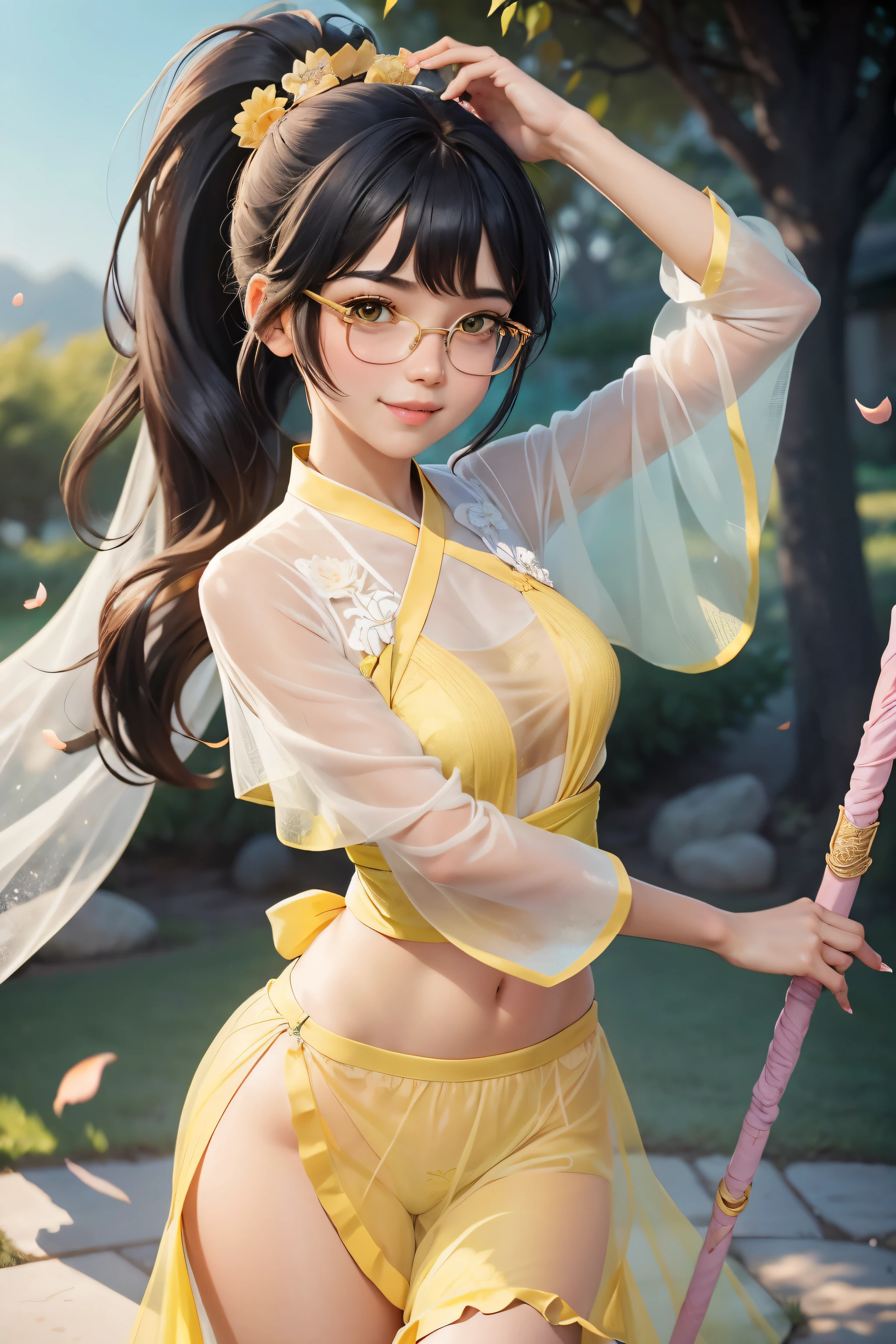 beautiful girl, black hair in a ponytail, smooth, hair accessories, wear glasses, smile brightly, small breasts, Thin waist, ((wear (see through) Hanfu with many layers of intricate details (pastel yellow))), Dresses that sway in the wind, holding a green jade staff, Dancing, charming, The background is an island with only peach trees in bloom., Many peach blossom petals flutter., morning light, anime, High quality