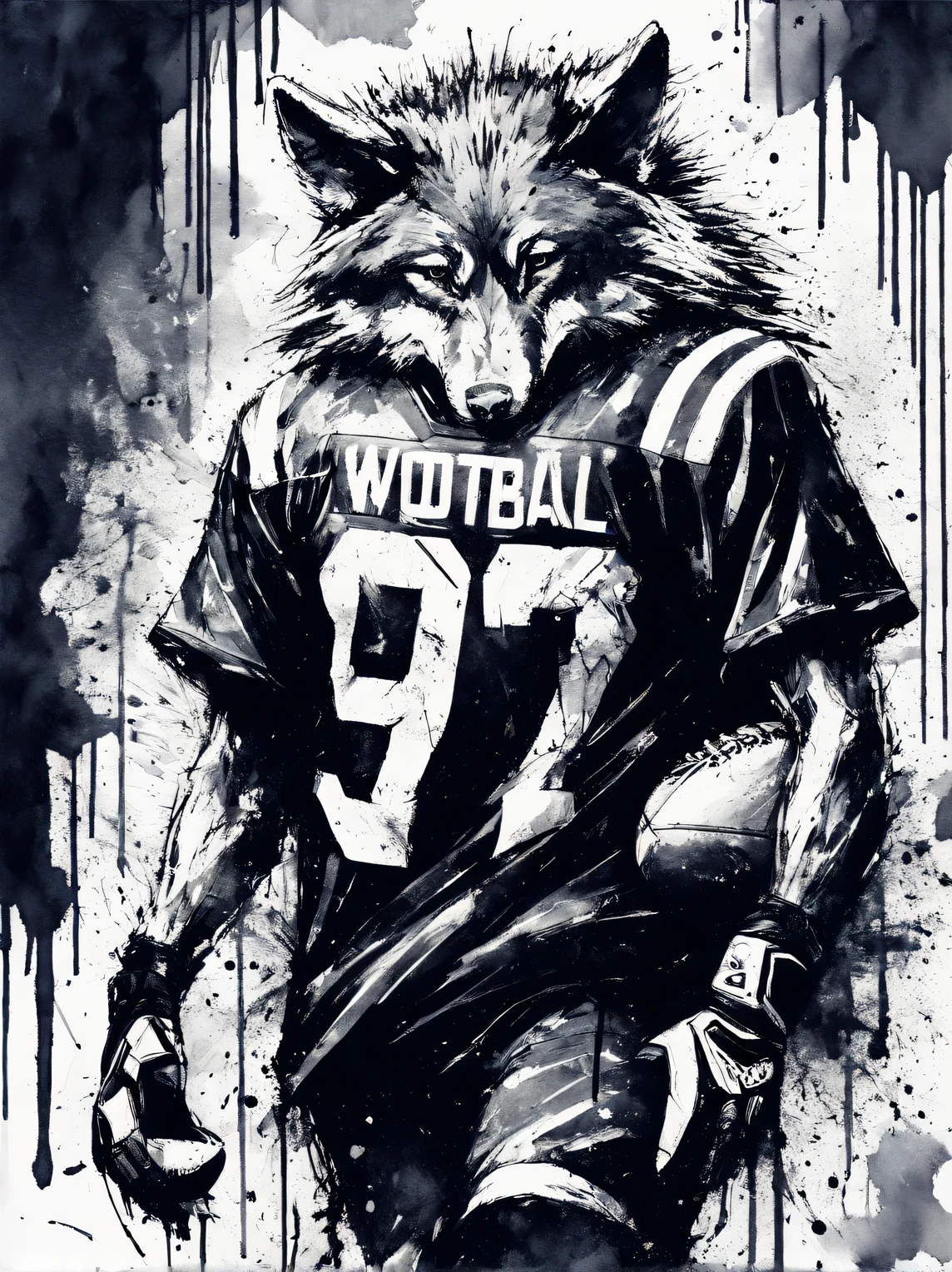 Ink style drawing, football wolf, Street style, Contemporary art, minimalism