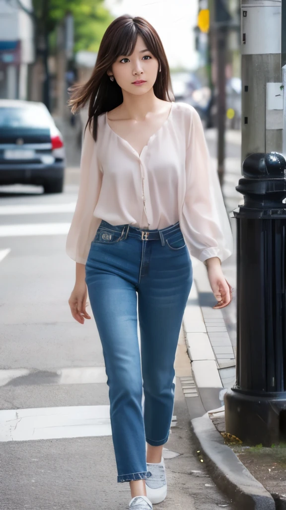 High-quality, realistic image of a lost 28-year-old Japanese female, full-body view with face lit. She looks around with a puzzled expression, medium-length hair slightly disheveled, wearing a practical outfit for a day out: a comfortable blouse, jeans, and walking shoes.