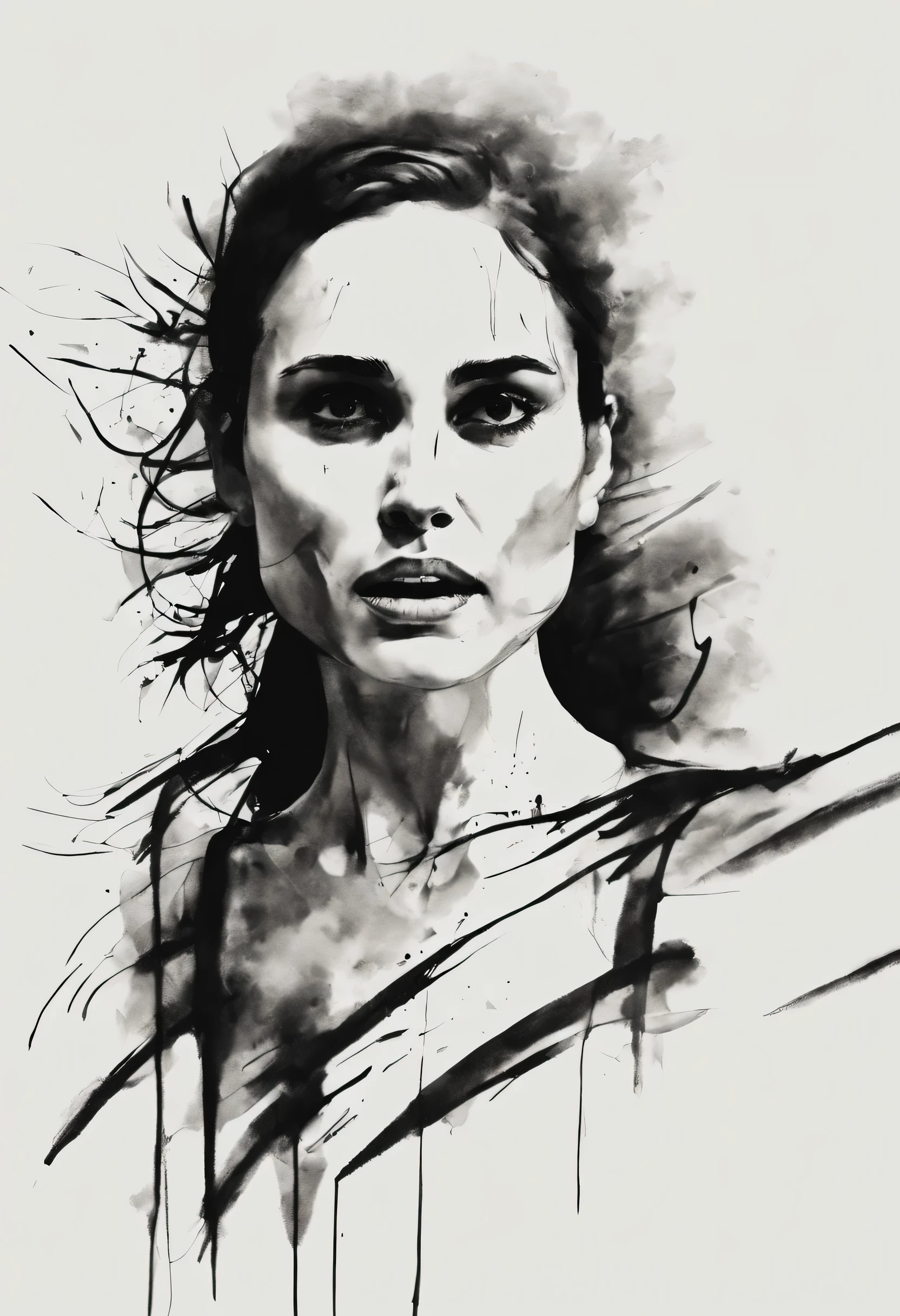 An ink style picture of a distance runner (natalie portman) pain, anguish and sweat, tortured face and body from running, Outlined in black ink, the figure is depicted with smooth lines, expressing emotions and posture through the contrast of ink density. The background is minimalist, emphasizing light, shadow, and spatial perception.