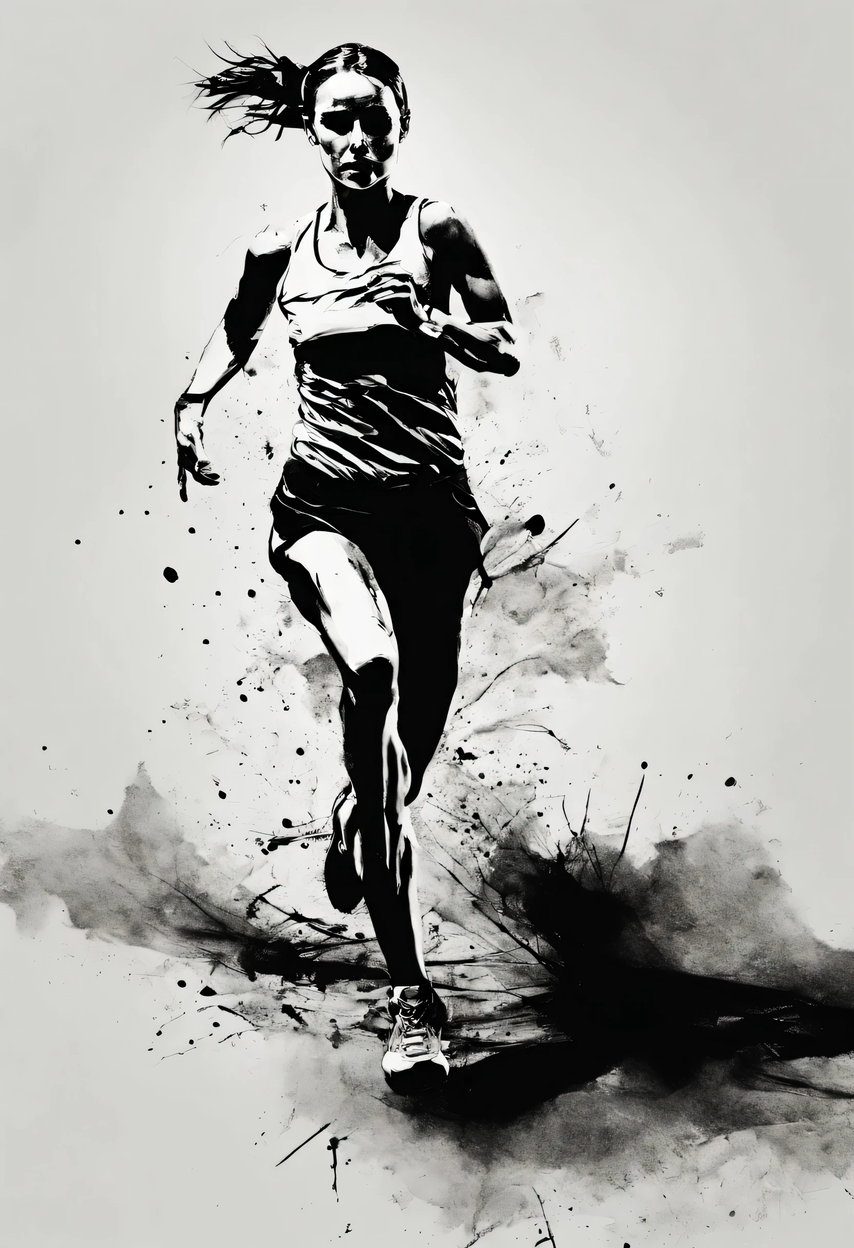 An ink style picture of a distance runner (natalie portman) pain, anguish and sweat, tortured face and body from running, Outlined in black ink, the figure is depicted with smooth lines, expressing emotions and posture through the contrast of ink density. The background is minimalist, emphasizing light, shadow, and spatial perception.