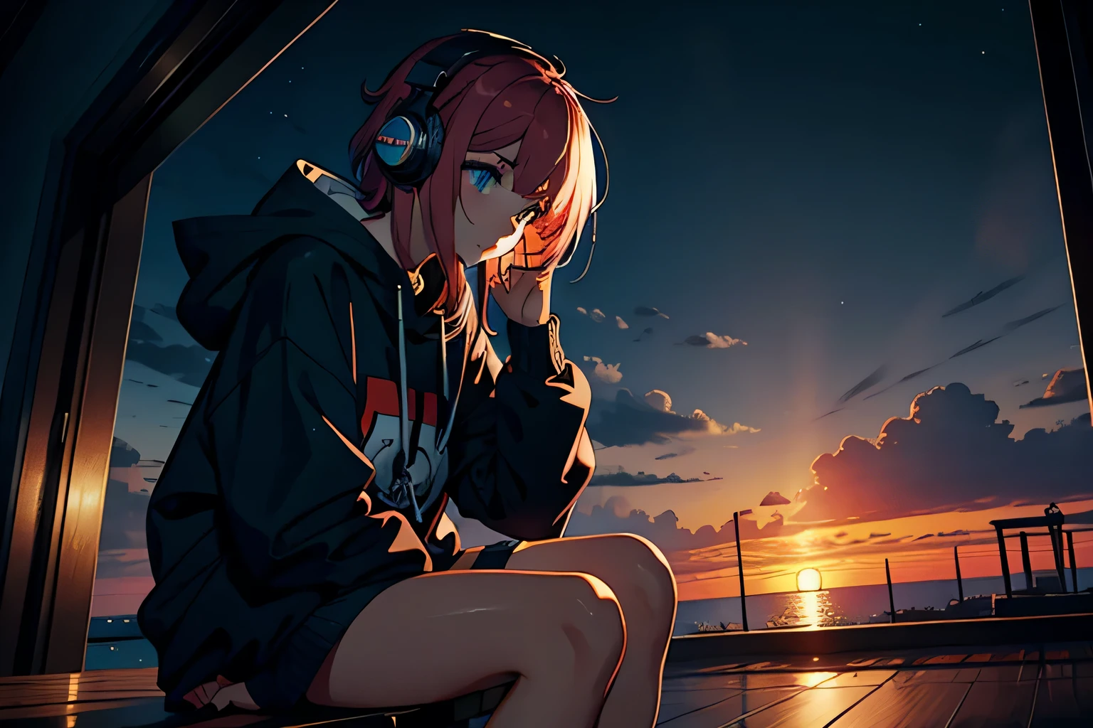 masterpiece, high quality, girl, tied hair, Colorful Highlight Hair, big clothes, baggy clothes, comfortable clothes, indoors, night, sunset, dark room, Absentmindedly fiddling with something, Liar,wear headphones