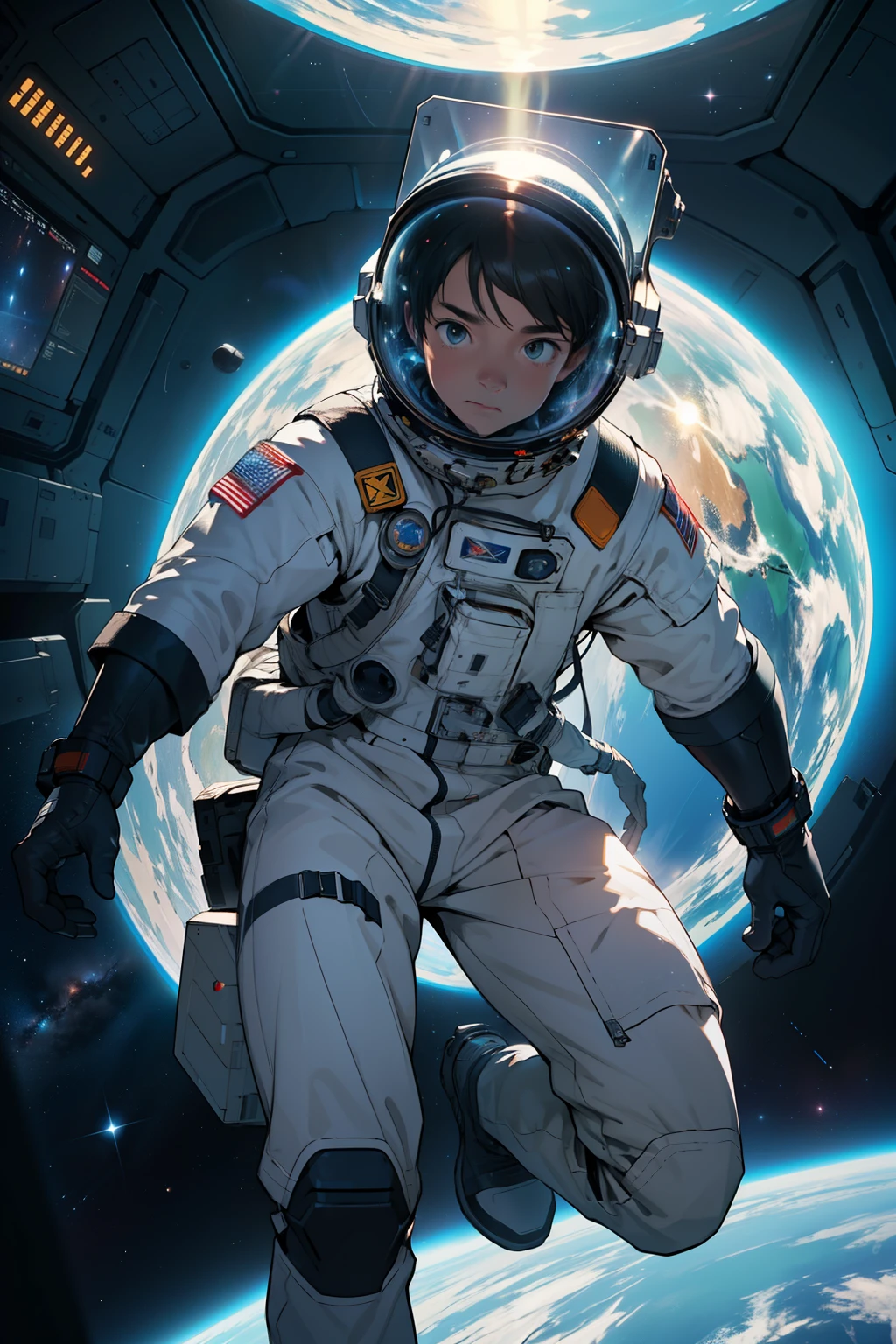 Ultra-Detailed and Hyper-Realistic Still of an Astronaut Kid Floating in Outer Space Next to a Spacecraft
(Ultra-Detailed, 4k, 8K, High Resolution, Masterpiece: 1.2), astronaut ???, space suit, helmet with visor, floating in space, spacecraft in background, stars and galaxies, full body view,
A young astronaut boy with a curious expression, floating next to a sleek, metallic spacecraft, his space suit glistening in the sunlight, the intricate details of the suit and the spacecraft visible in high definition. The stars and galaxies twinkle behind as the ??? reaches out