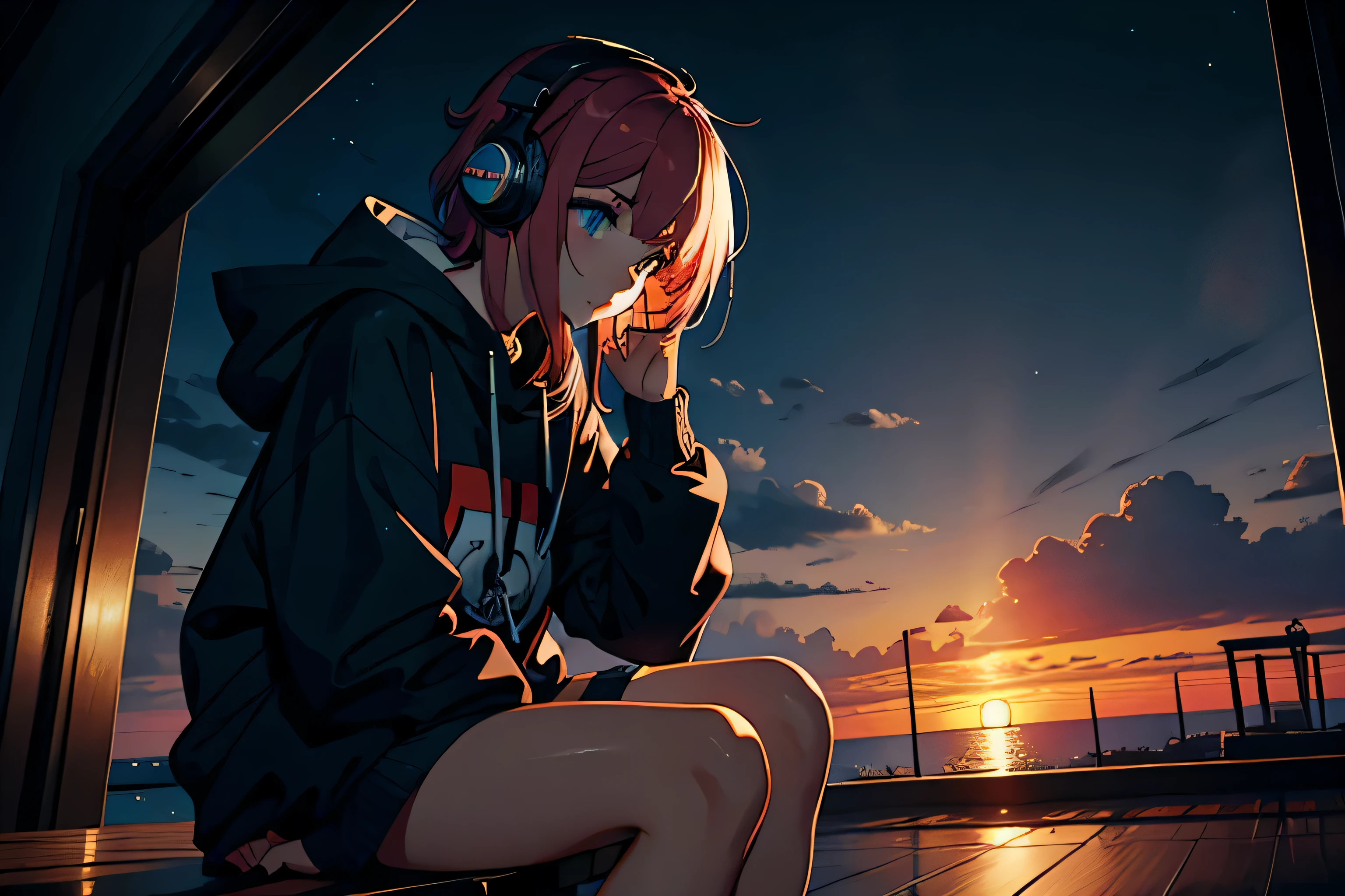 Anime girl sitting on a bench with headphones on at sunset - SeaArt AI
