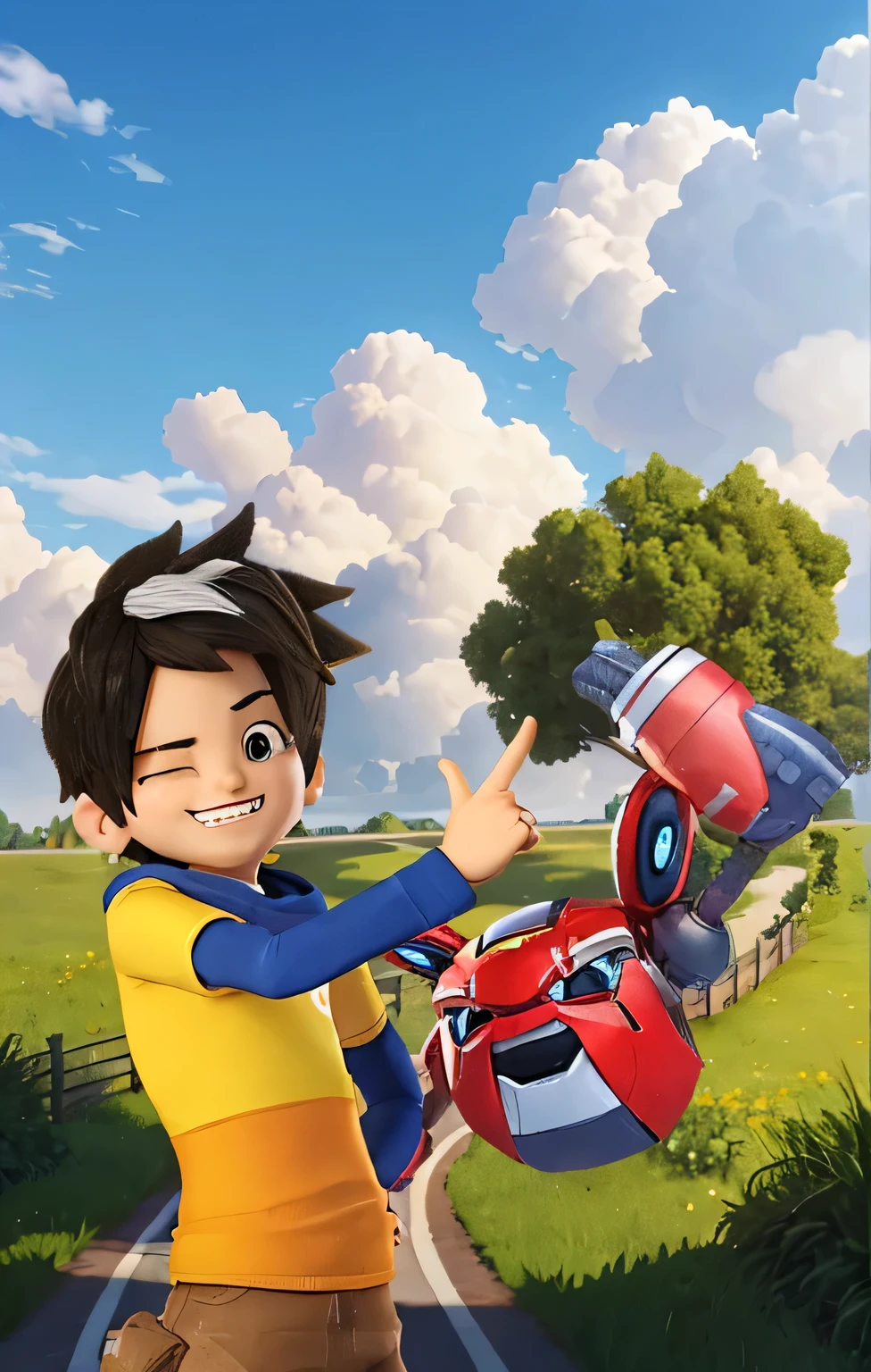 A Handsome boy, handsome face, smiling, wink, cool eyes, one eye open, another eye close, doing a pose, doing wink facial expression, eye winking, white hair spot, cool hair, wearing a blue yellow hoodie, A red floating mecha robot beside the boy doing a pose, 1 robot hand raise up, ultra high resolution, ultra high quality, 3d greenery outdoor background