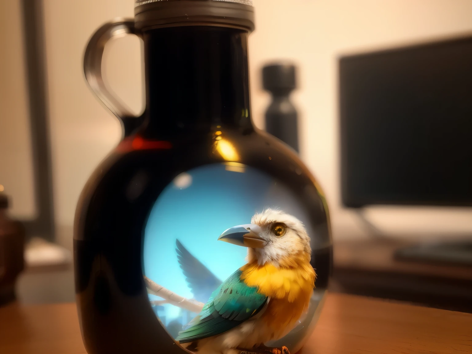 a close up of a bottle with a bird on it, bird head, Birdie, mechanical cute bird, mechanical bird, Clara Miller Bird, Didier Muron, Paul Bird, Ludek Marold, Muriel Brandt, bird, burn, anthropomorphic bird, Eric Old