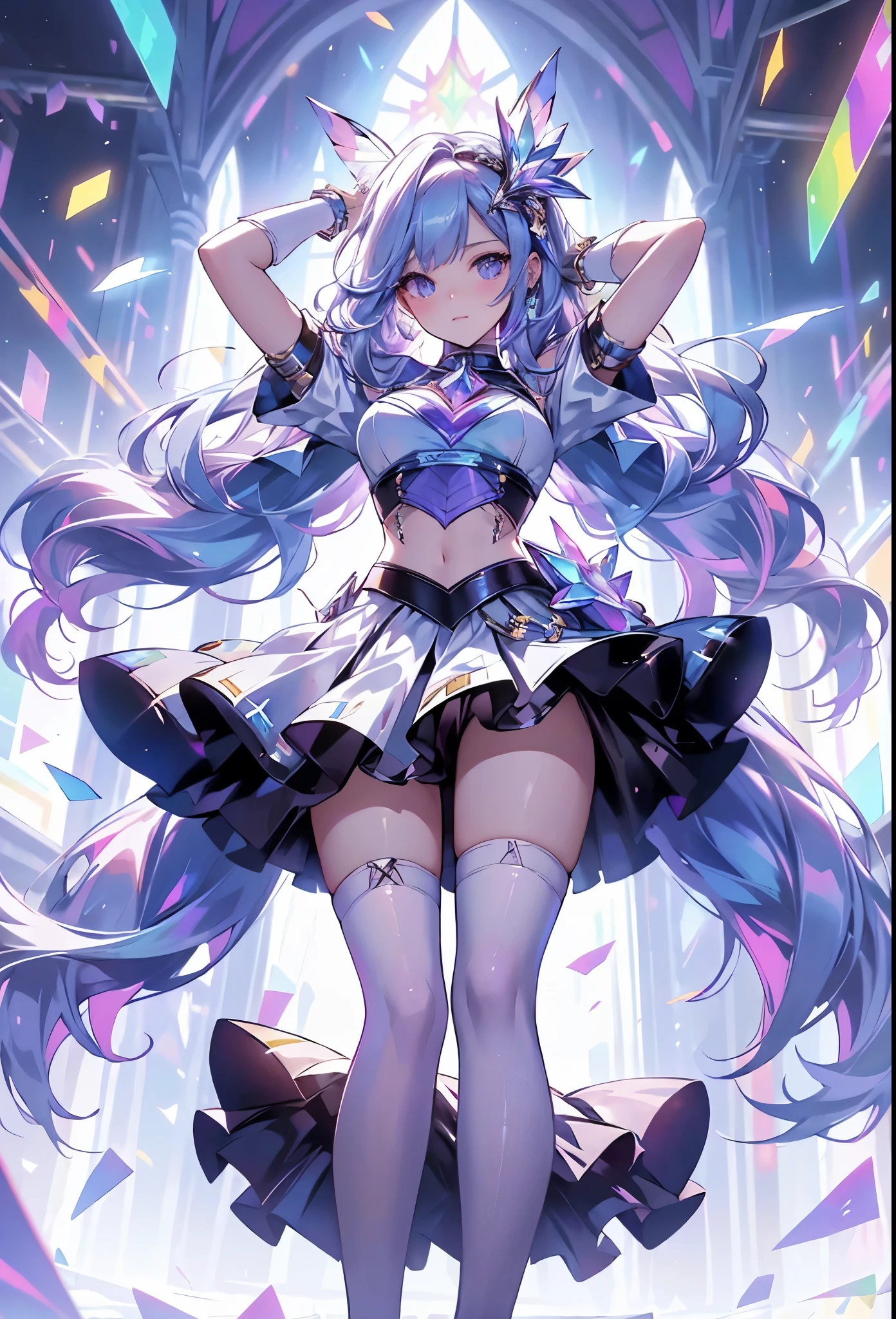 best qualityer,tmasterpiece,Ultimate resolution,downy,Extremely colorful,Colorful,Big high school girl,Crop topping,White stockings,heeled sandals