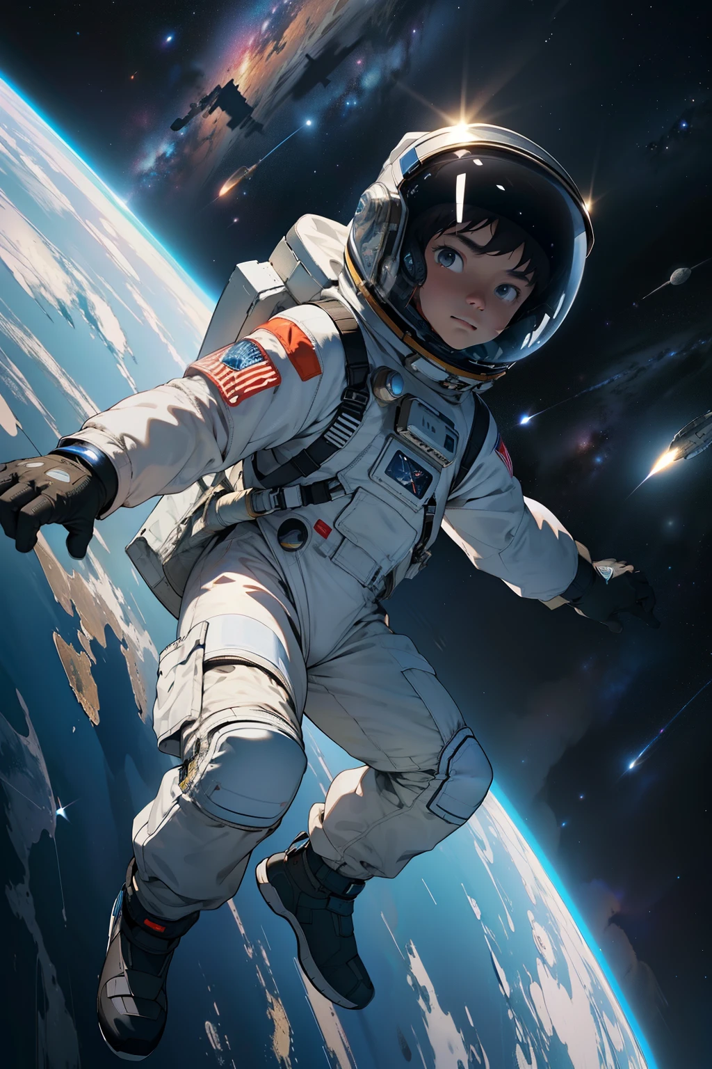 Ultra-Detailed and Hyper-Realistic Still of an Astronaut Kid Floating in Outer Space Next to a Spacecraft
(Ultra-Detailed, 4k, 8K, High Resolution, Masterpiece: 1.2), astronaut , space suit, helmet with visor, floating in space, spacecraft in background, stars and galaxies, full body view,
A young astronaut boy with a curious expression, floating next to a sleek, metallic spacecraft, his space suit glistening in the sunlight, the intricate details of the suit and the spacecraft visible in high definition. The stars and galaxies twinkle behind as the kidaches out