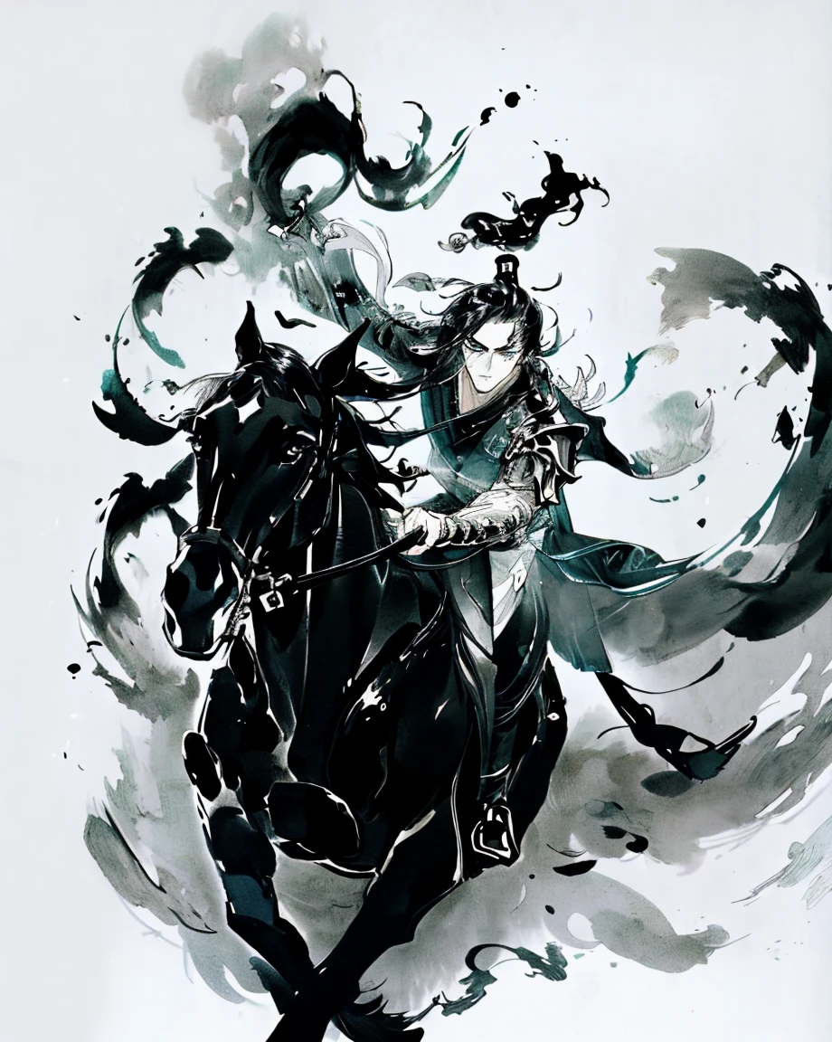 masterpiece, zydink, monochrome, ink sketch, (tilt:1.4), 1man, (riding horse, running fast:1.2), asian man, polearm, waving armor, armor, chinese clothes, fighting stance, looking at viewer, long hair, long sleeves, (abstract ink splash:1.4), black and white, chinese clothes,hanfu,